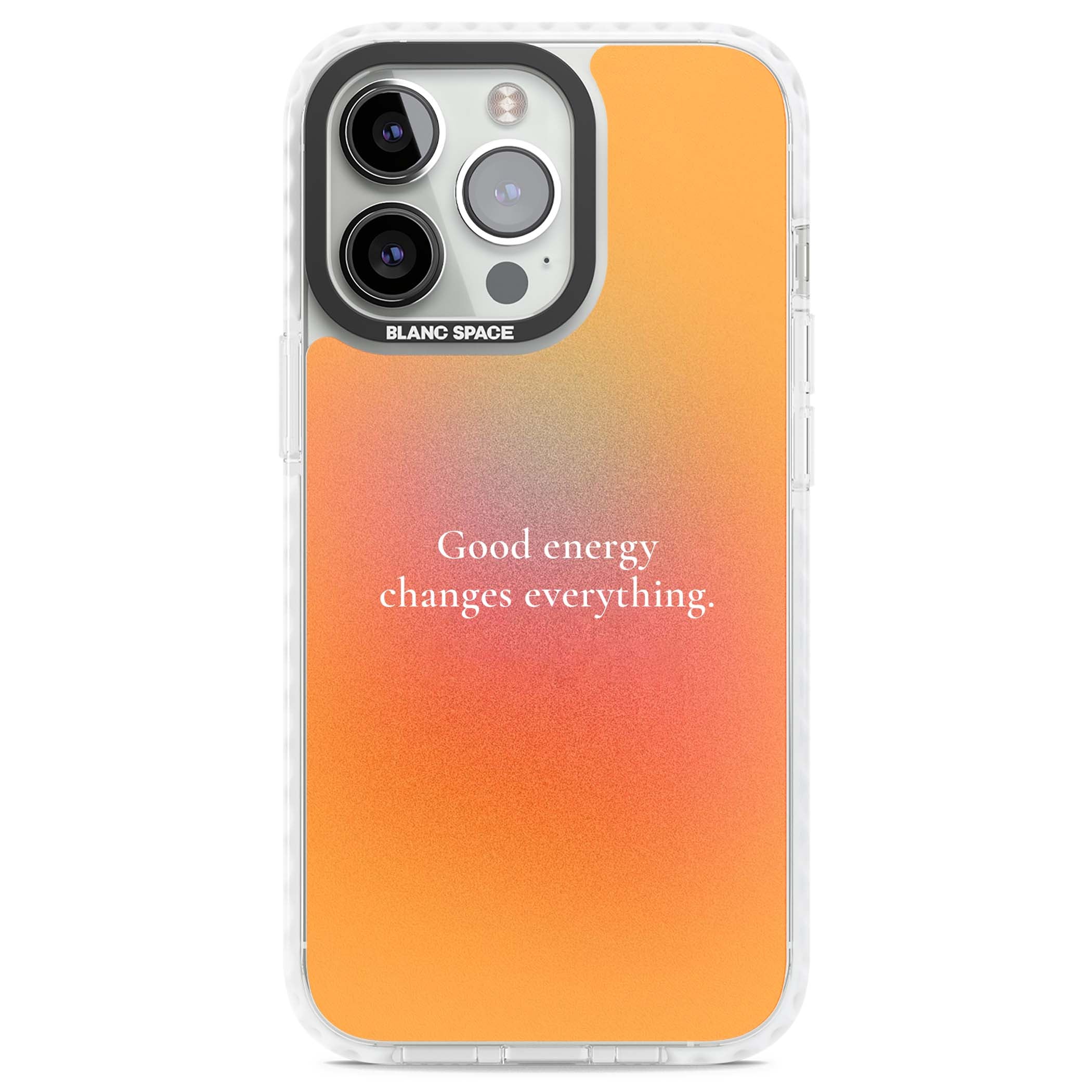 Good Energy quote iPhone case featuring an orange and pink aura gradient with white serif affirmation text | Clear Impact case for iPhone 13 Pro, iPhone 14 Pro, iPhone 15 Pro