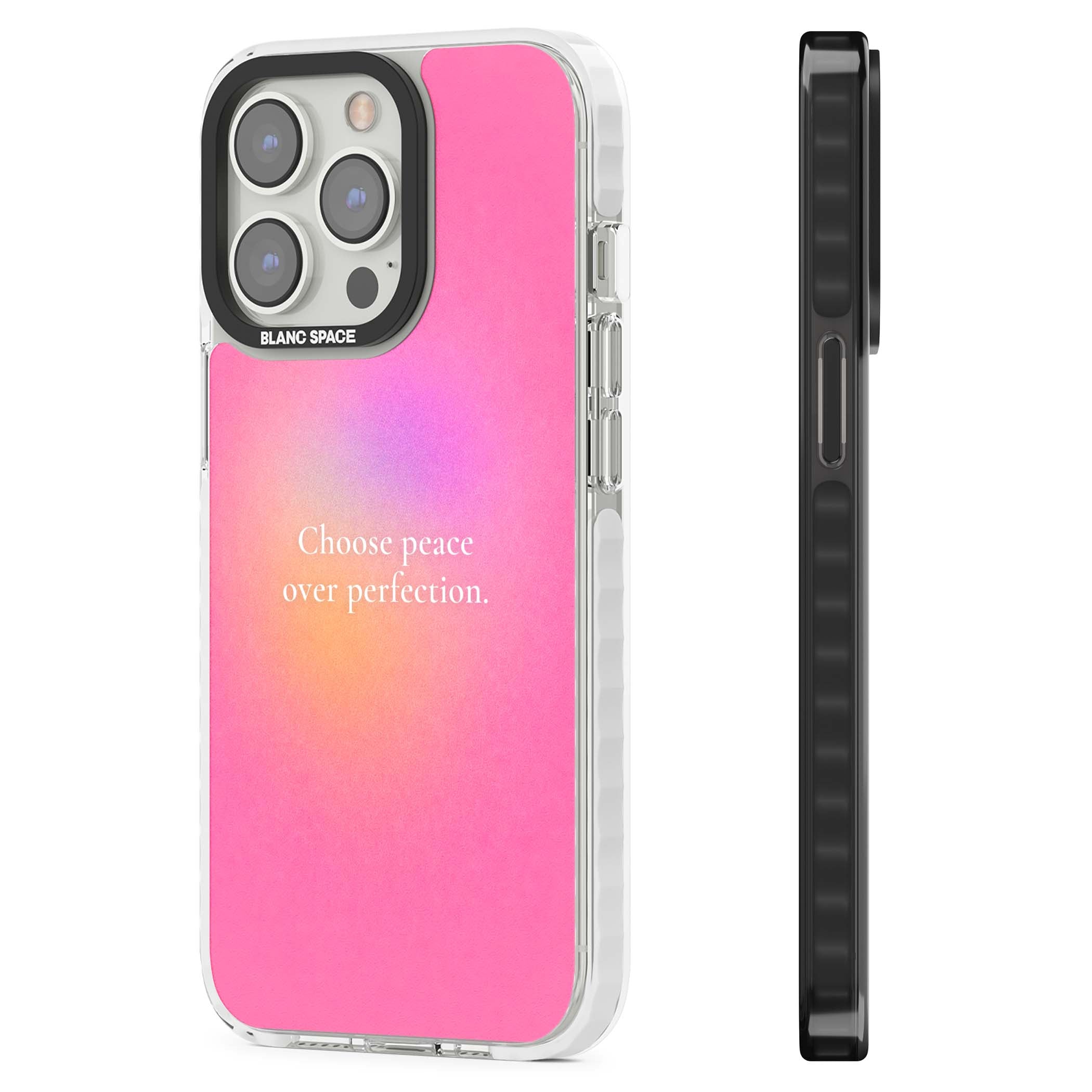 Peace Over Perfection quote iPhone case featuring a dreamy pink aura gradient and delicate white affirmation text | Clear Impact case for iPhone 13 Pro, iPhone 14 Pro, iPhone 15 Pro