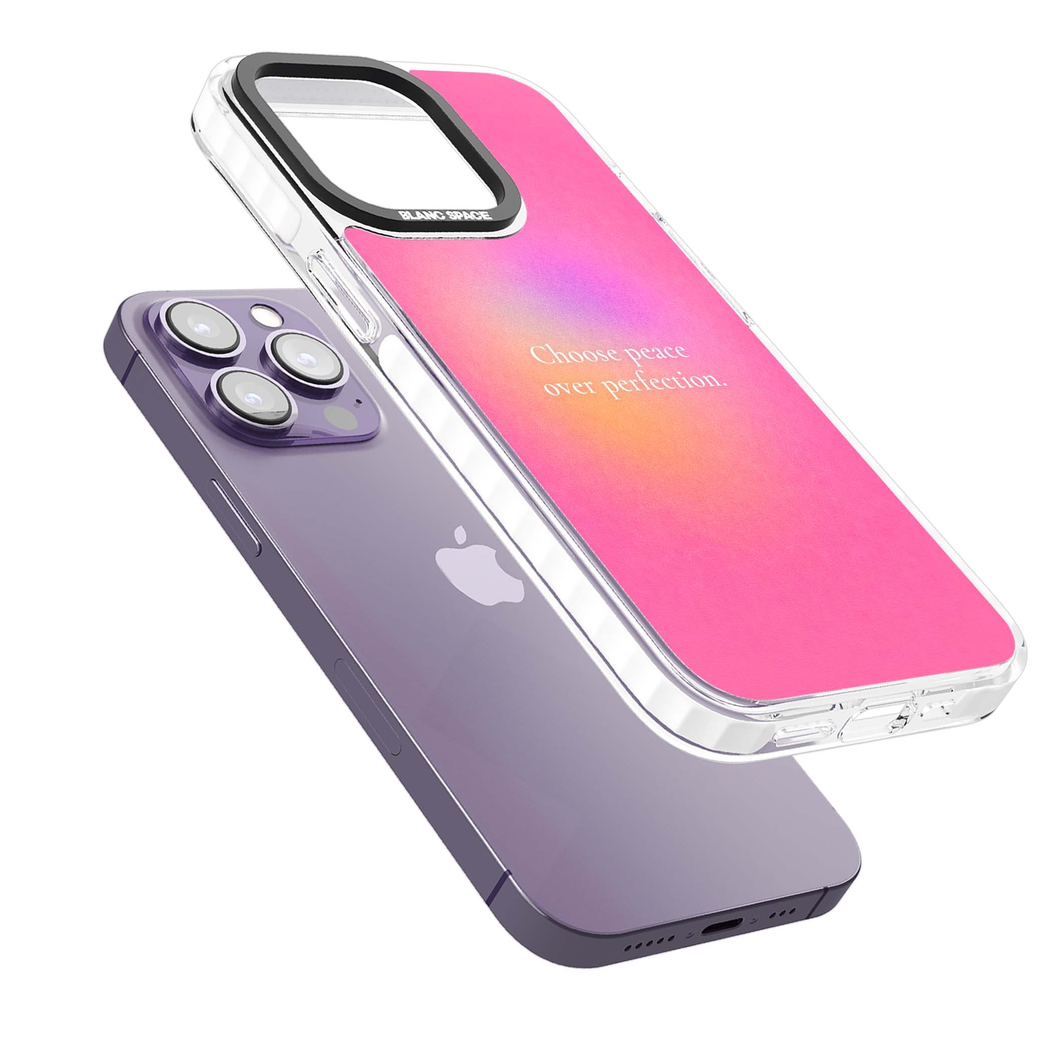 Peace Over Perfection quote iPhone case featuring a dreamy pink aura gradient and delicate white affirmation text | Clear Impact case for iPhone 13 Pro, iPhone 14 Pro, iPhone 15 Pro
