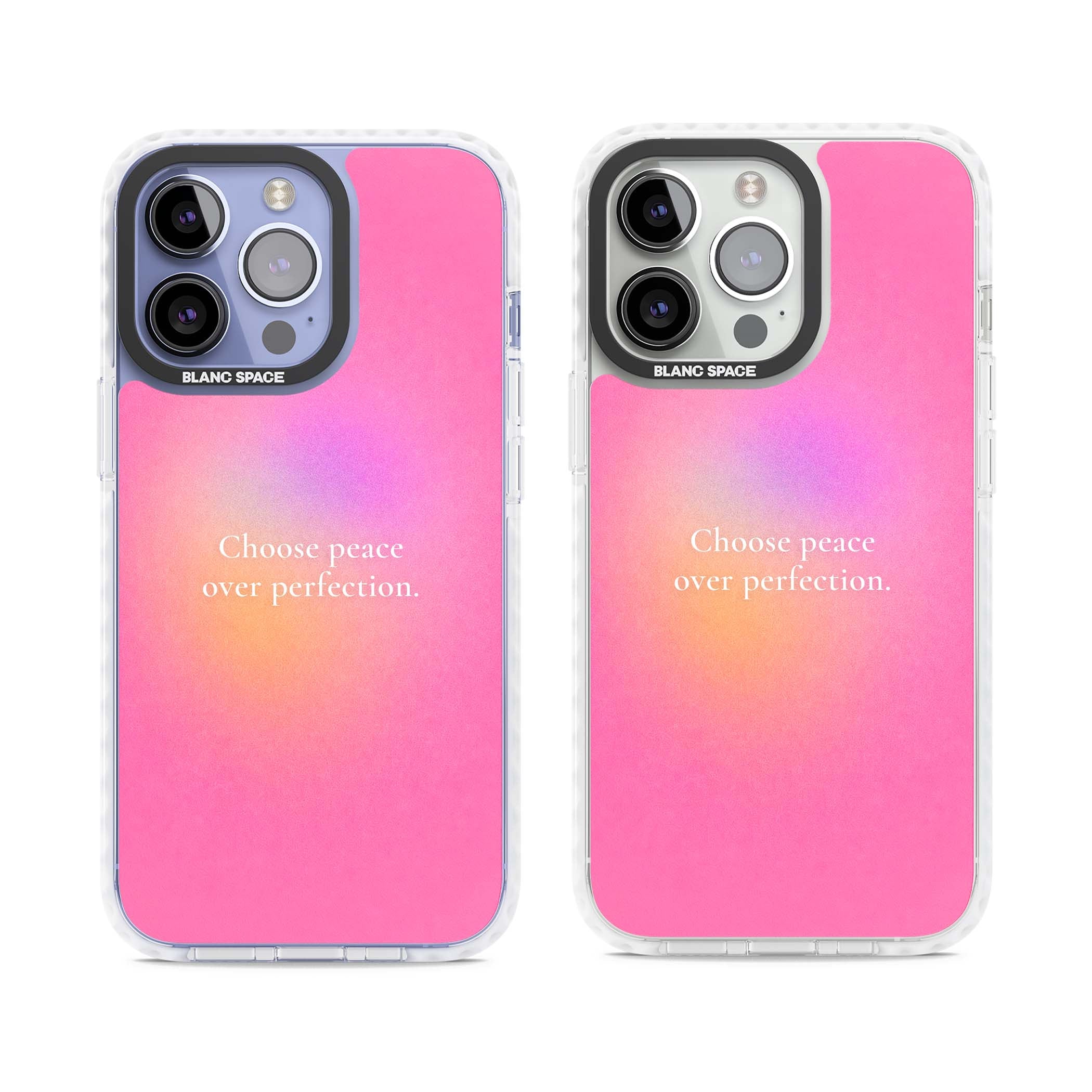 Peace Over Perfection quote iPhone case featuring a dreamy pink aura gradient and delicate white affirmation text | Clear Impact case for iPhone 13 Pro, iPhone 14 Pro, iPhone 15 Pro