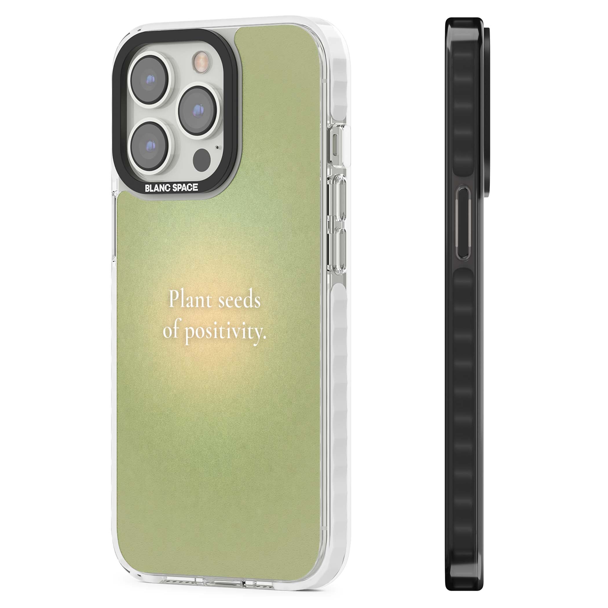 Seeds of Positivity quote iPhone case featuring a sage green aura gradient and golden glow affirmation | Clear Impact case for iPhone 13 Pro, iPhone 14 Pro, iPhone 15 Pro