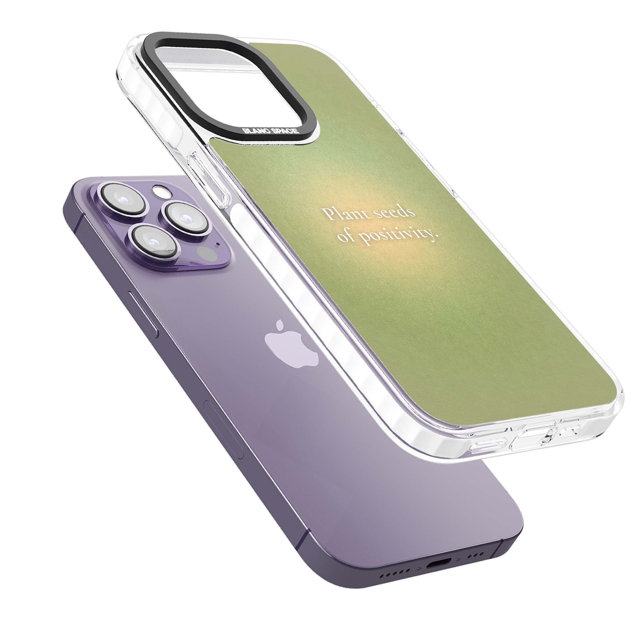 Seeds of Positivity quote iPhone case featuring a sage green aura gradient and golden glow affirmation | Clear Impact case for iPhone 13 Pro, iPhone 14 Pro, iPhone 15 Pro
