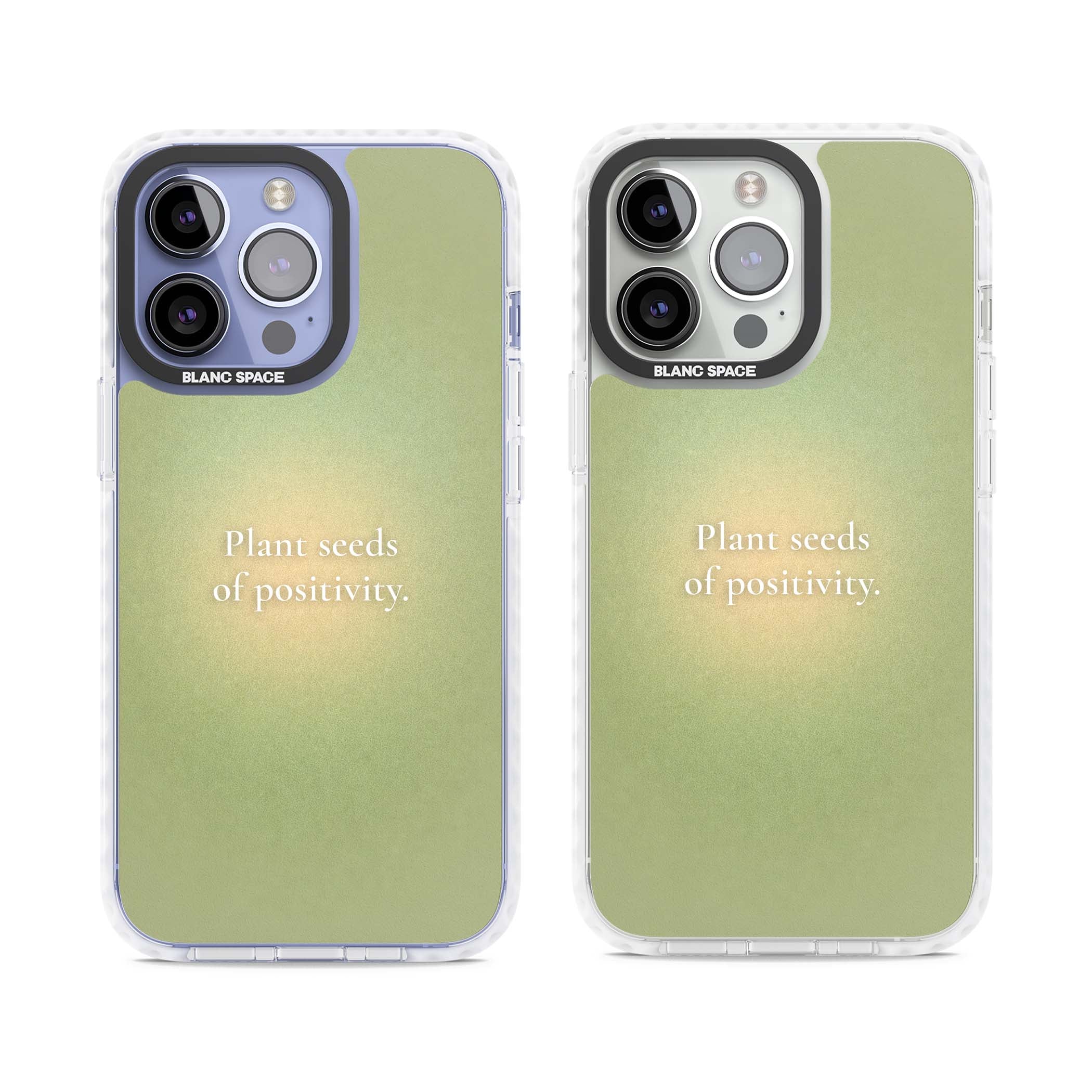 Seeds of Positivity quote iPhone case featuring a sage green aura gradient and golden glow affirmation | Clear Impact case for iPhone 13 Pro, iPhone 14 Pro, iPhone 15 Pro