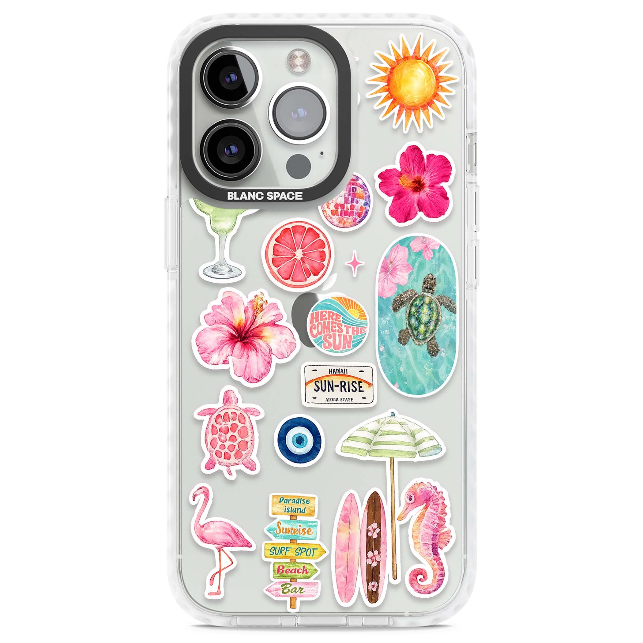Aloha Sticker Mix tropical summer iPhone case featuring pink hibiscus, sea turtles, flamingo and beach umbrella stickers | Clear Impact case for iPhone 13 Pro, iPhone 14 Pro, iPhone 15 Pro
