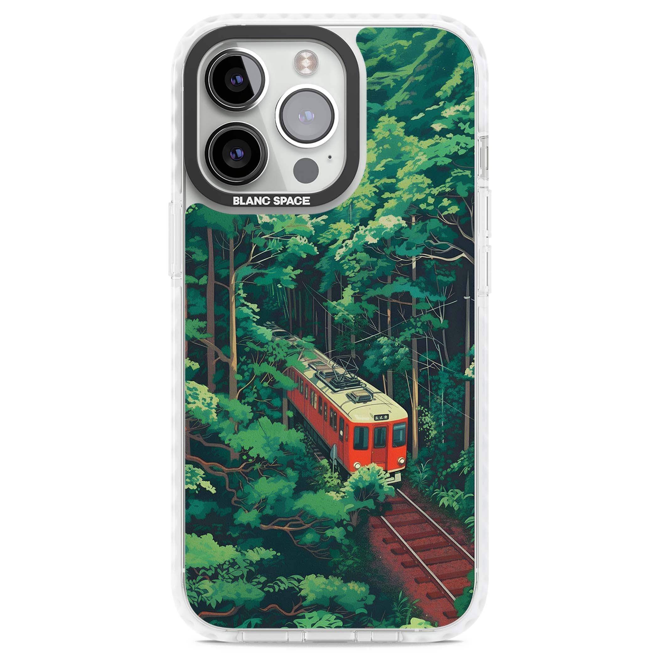 Railway In Toyama Japanese iPhone case featuring a red train, cedar forest and winding mountain railway tracks | Clear Impact case for iPhone 13 Pro, iPhone 14 Pro, iPhone 15 Pro