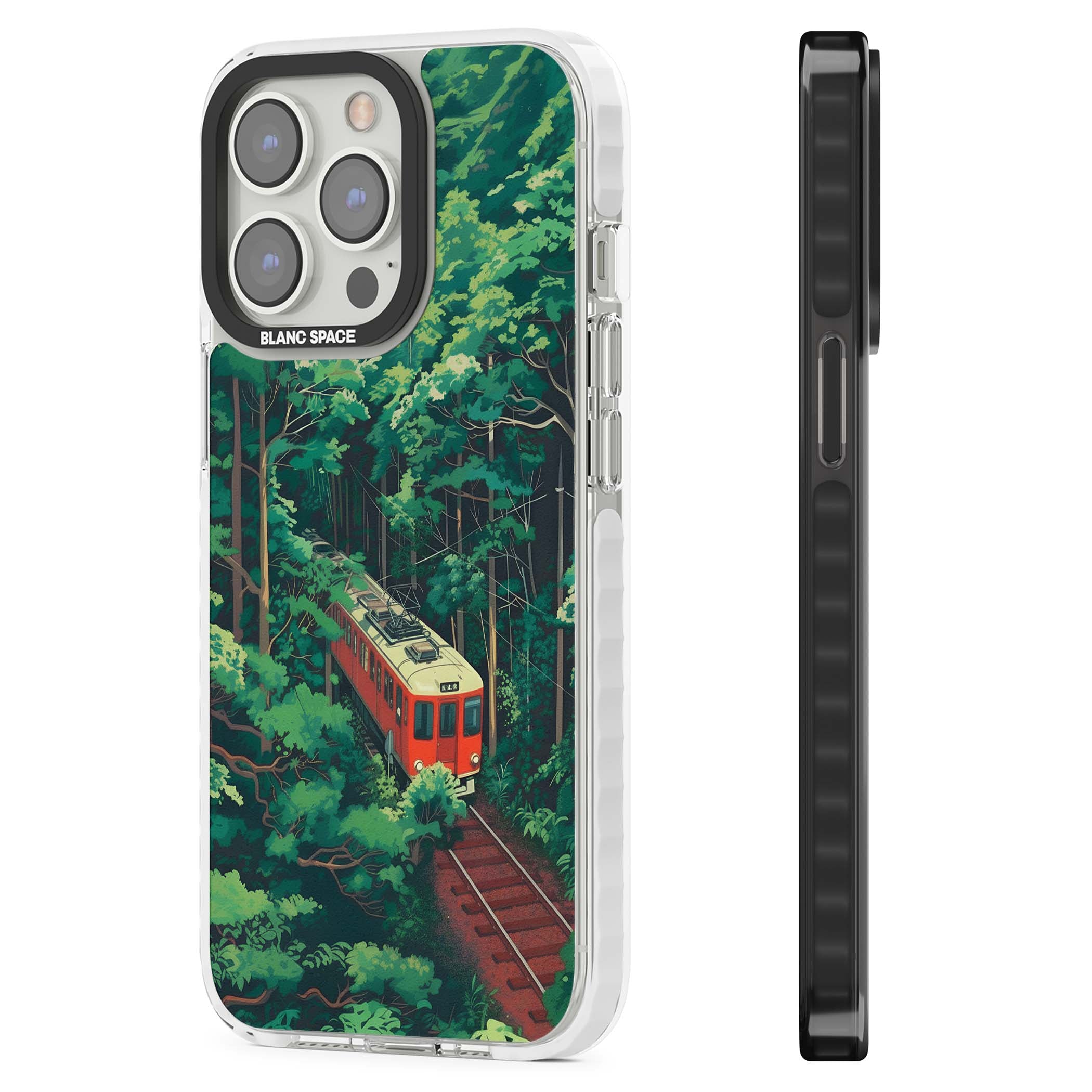 Railway In Toyama Japanese iPhone case featuring a red train, cedar forest and winding mountain railway tracks | Clear Impact case for iPhone 13 Pro, iPhone 14 Pro, iPhone 15 Pro
