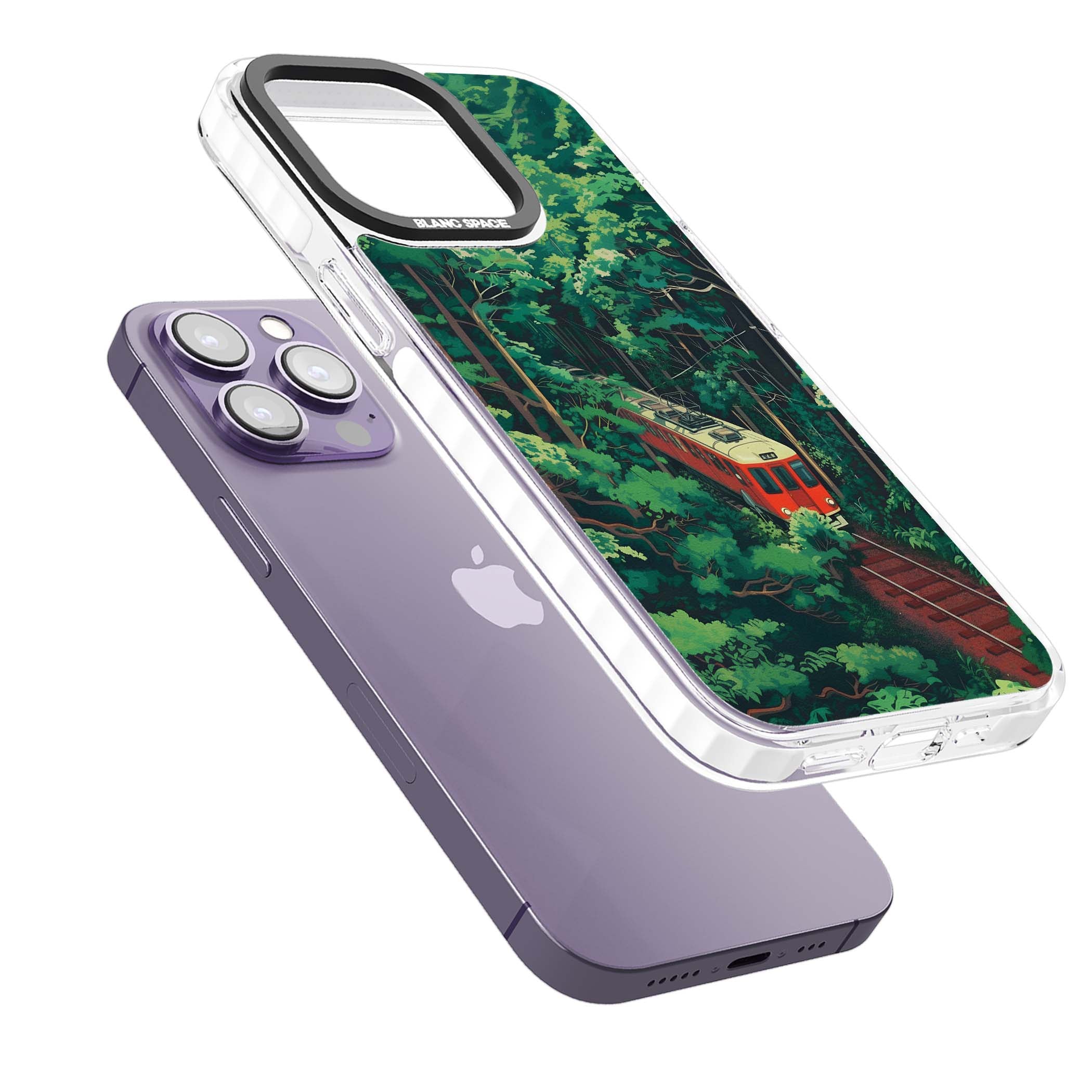 Railway In Toyama Japanese iPhone case featuring a red train, cedar forest and winding mountain railway tracks | Clear Impact case for iPhone 13 Pro, iPhone 14 Pro, iPhone 15 Pro