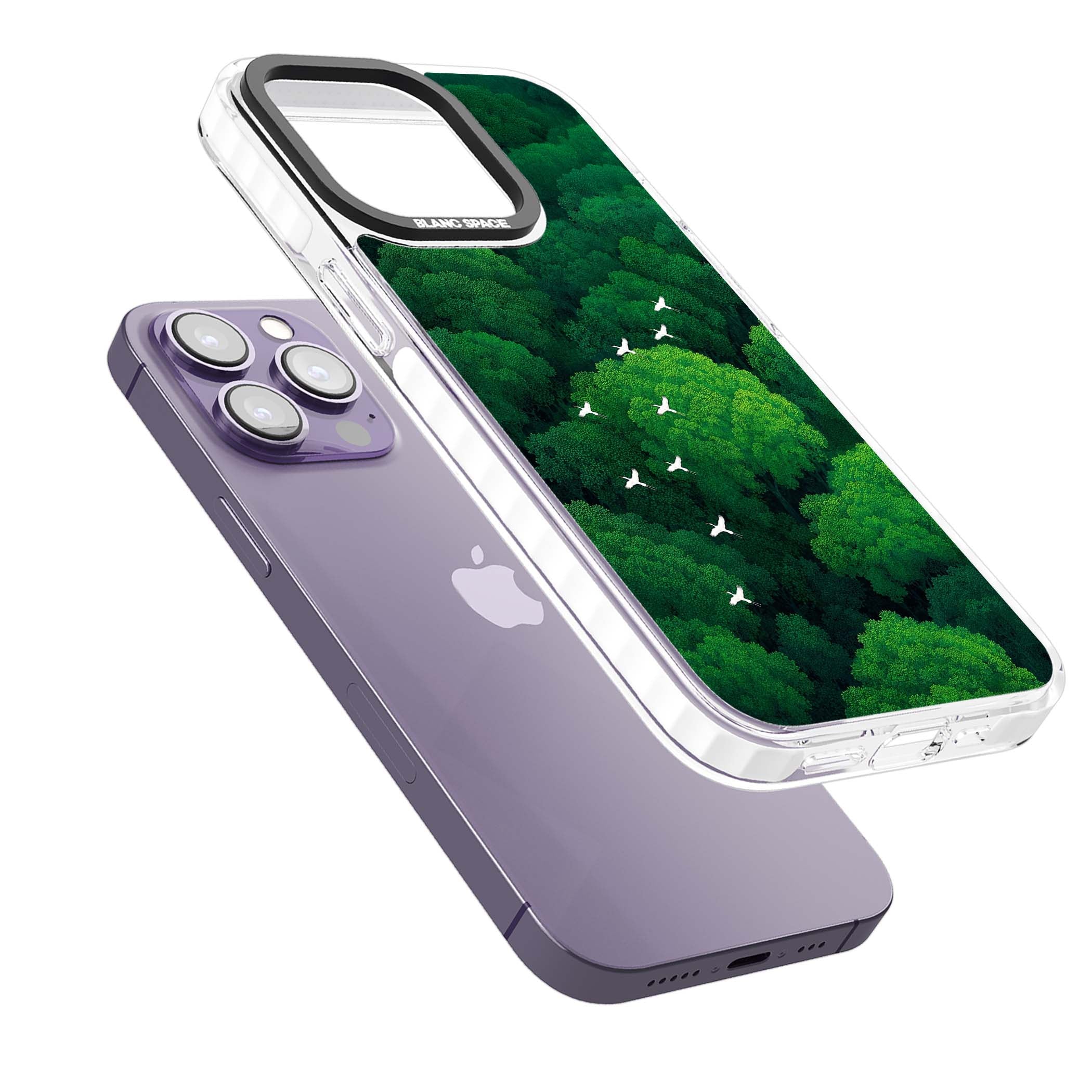 Grove Migration forest iPhone case featuring white cranes flying over lush green treetop canopy | Clear Impact case for iPhone 13 Pro, iPhone 14 Pro, iPhone 15 Pro