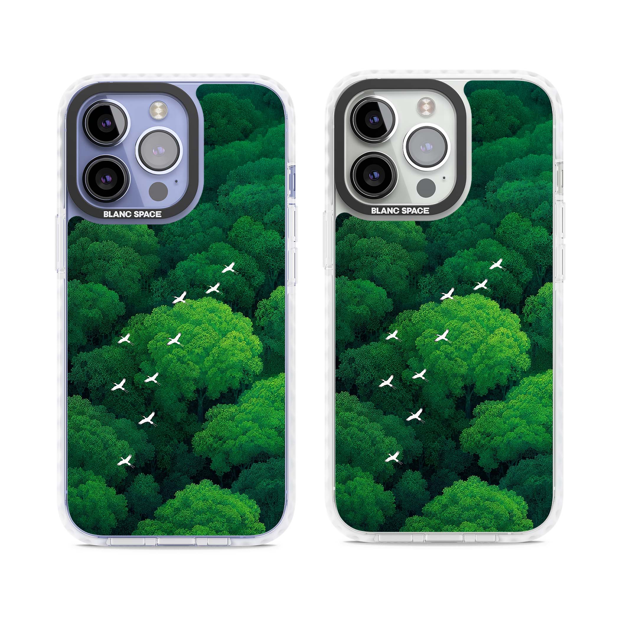 Grove Migration forest iPhone case featuring white cranes flying over lush green treetop canopy | Clear Impact case for iPhone 13 Pro, iPhone 14 Pro, iPhone 15 Pro