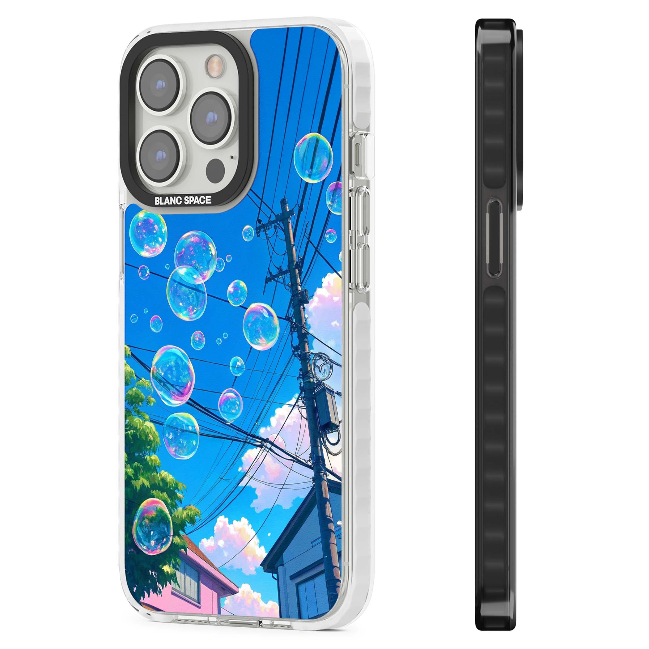 Suburban Bubbles anime iPhone case featuring iridescent soap bubbles, blue sky and Japanese telephone wires | Clear Impact case for iPhone 13 Pro, iPhone 14 Pro, iPhone 15 Pro