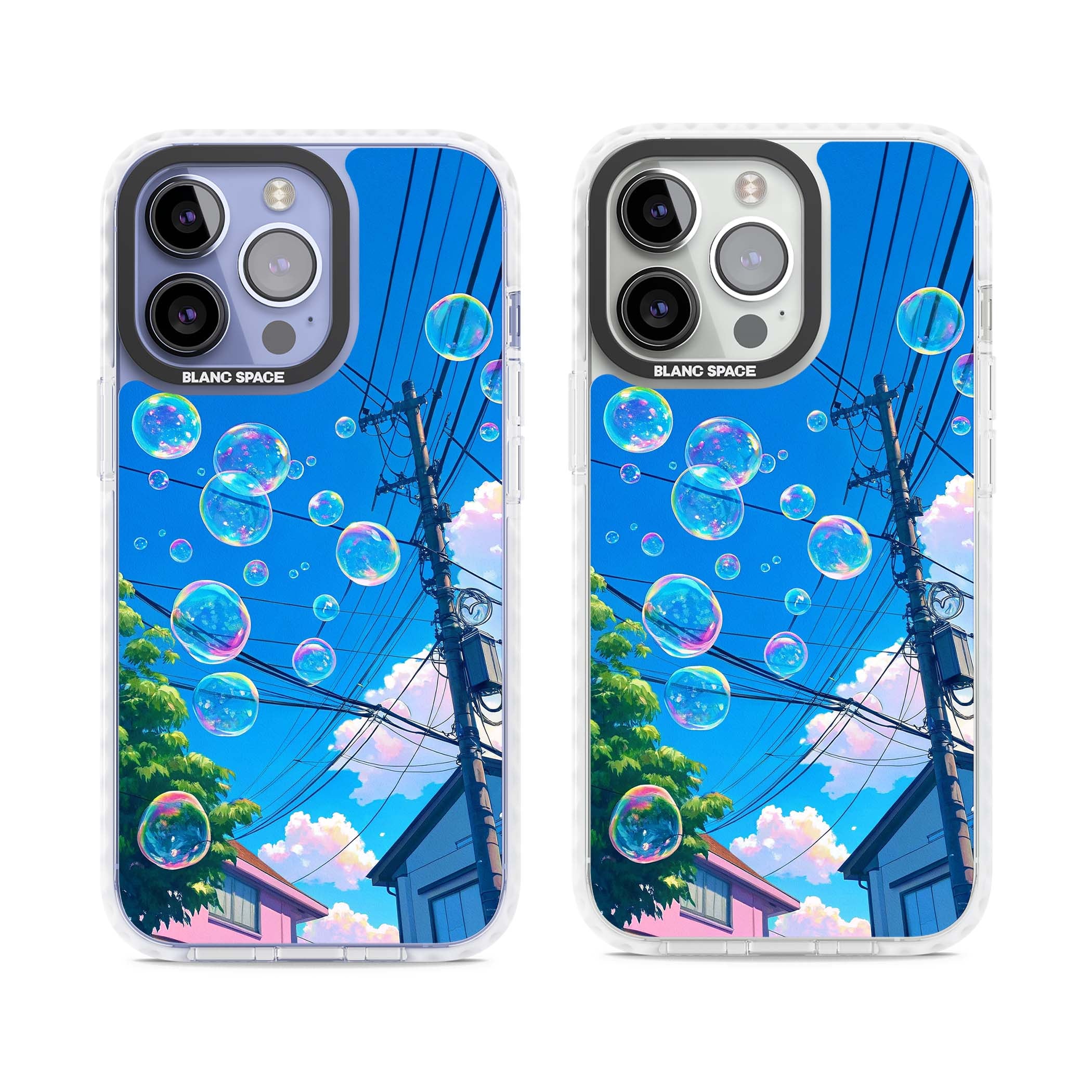 Suburban Bubbles anime iPhone case featuring iridescent soap bubbles, blue sky and Japanese telephone wires | Clear Impact case for iPhone 13 Pro, iPhone 14 Pro, iPhone 15 Pro