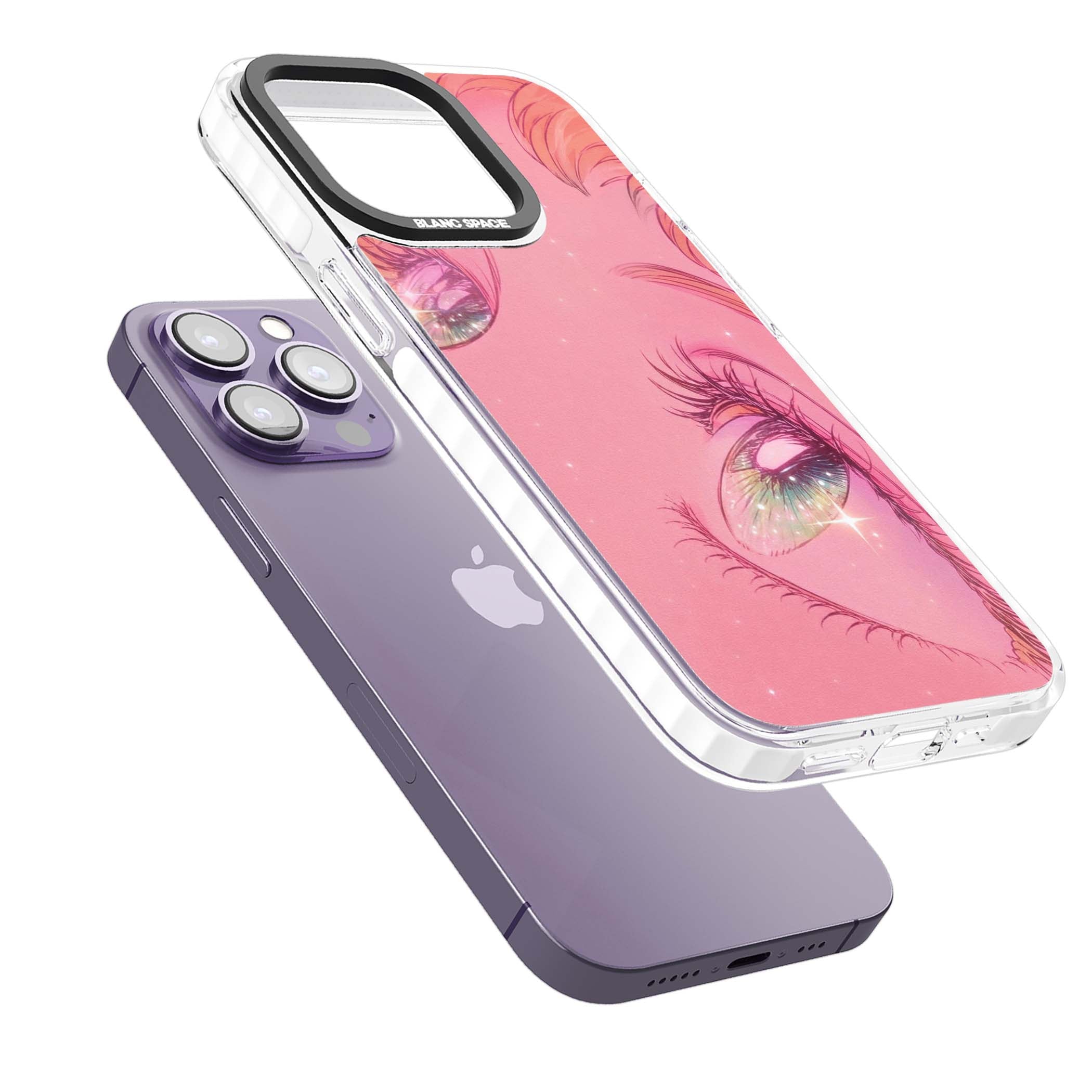 Pink Ethereal Gaze anime iPhone case featuring sparkling manga eyes, coral lashes and dreamy peach sky | Clear Impact case for iPhone 13 Pro, iPhone 14 Pro, iPhone 15 Pro