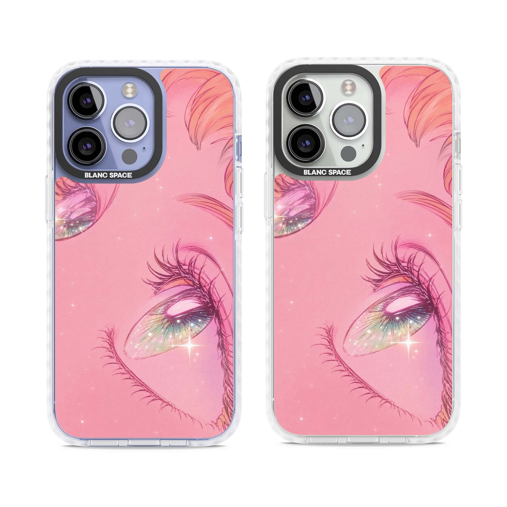 Pink Ethereal Gaze anime iPhone case featuring sparkling manga eyes, coral lashes and dreamy peach sky | Clear Impact case for iPhone 13 Pro, iPhone 14 Pro, iPhone 15 Pro