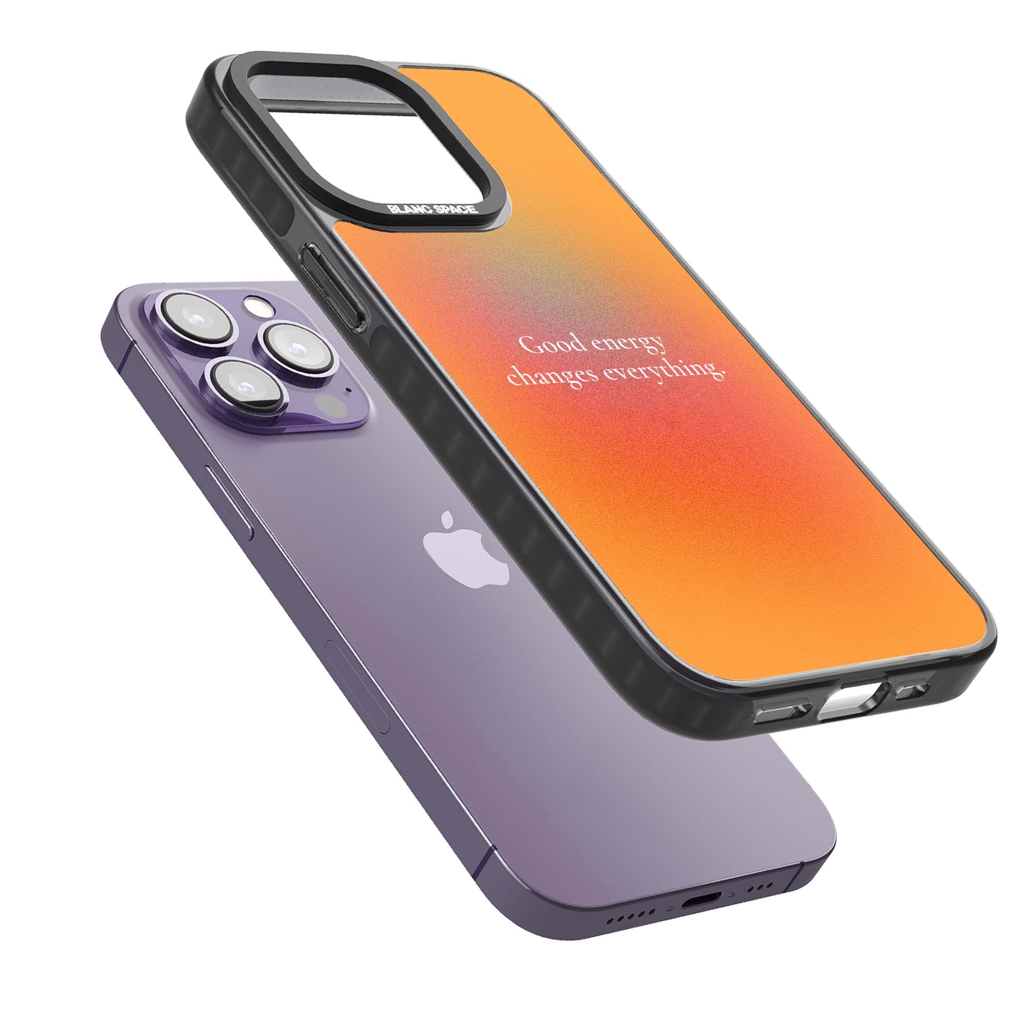 Good Energy quote iPhone case featuring an orange and pink aura gradient with white serif affirmation text | Black Impact case for iPhone 13 Pro, iPhone 14 Pro, iPhone 15 Pro
