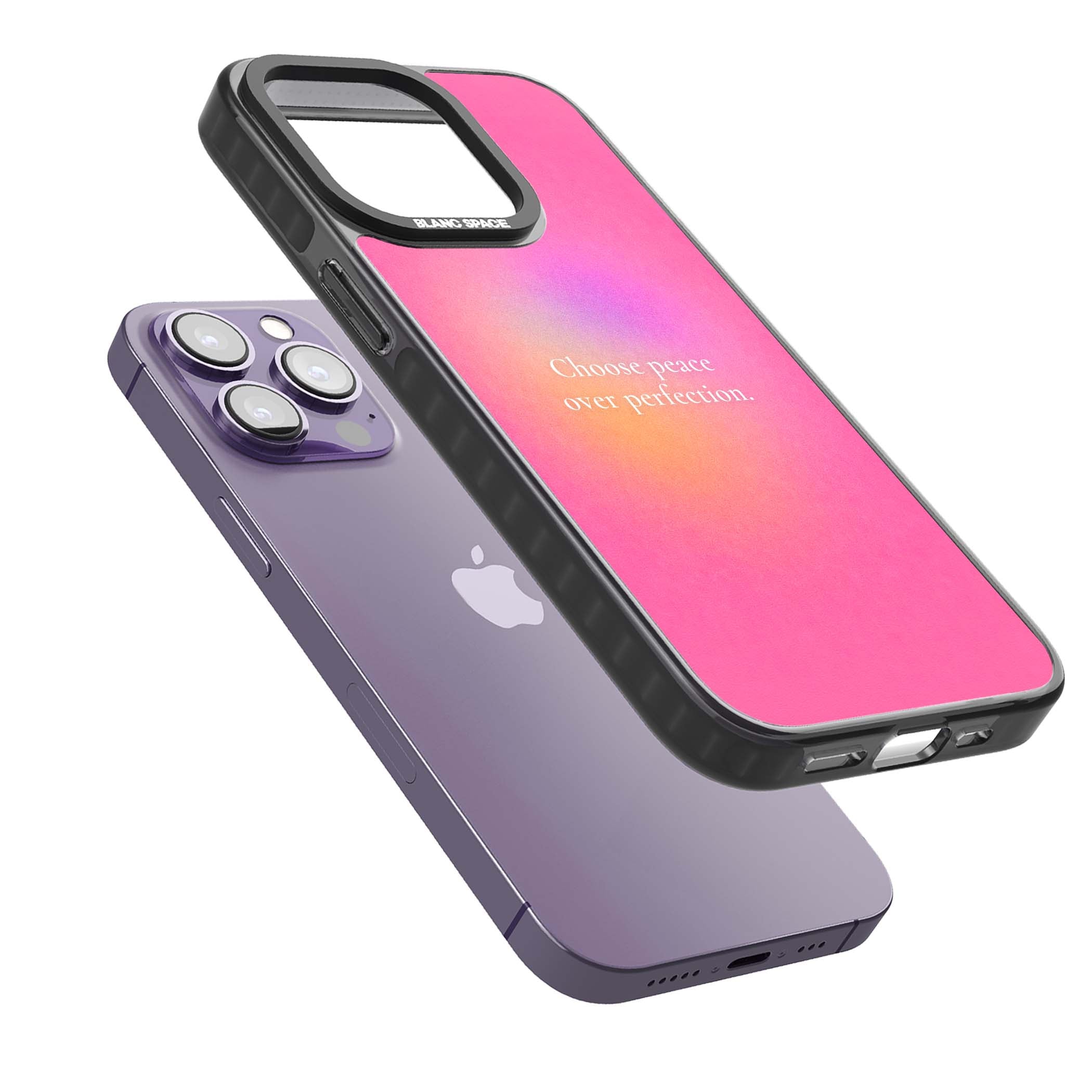 Peace Over Perfection quote iPhone case featuring a dreamy pink aura gradient and delicate white affirmation text | Black Impact case for iPhone 13 Pro, iPhone 14 Pro, iPhone 15 Pro