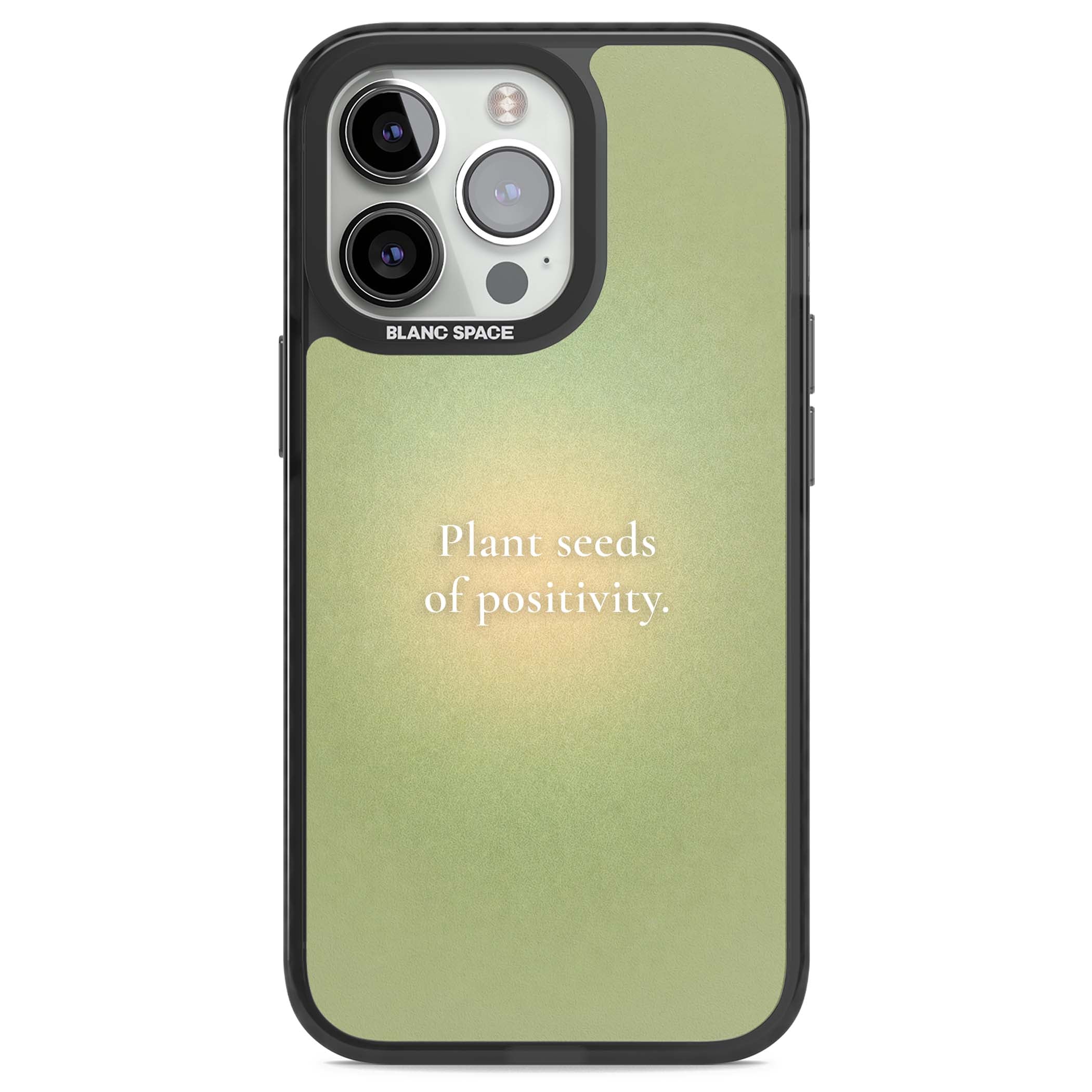 Seeds of Positivity quote iPhone case featuring a sage green aura gradient and golden glow affirmation | Black Impact case for iPhone 13 Pro, iPhone 14 Pro, iPhone 15 Pro
