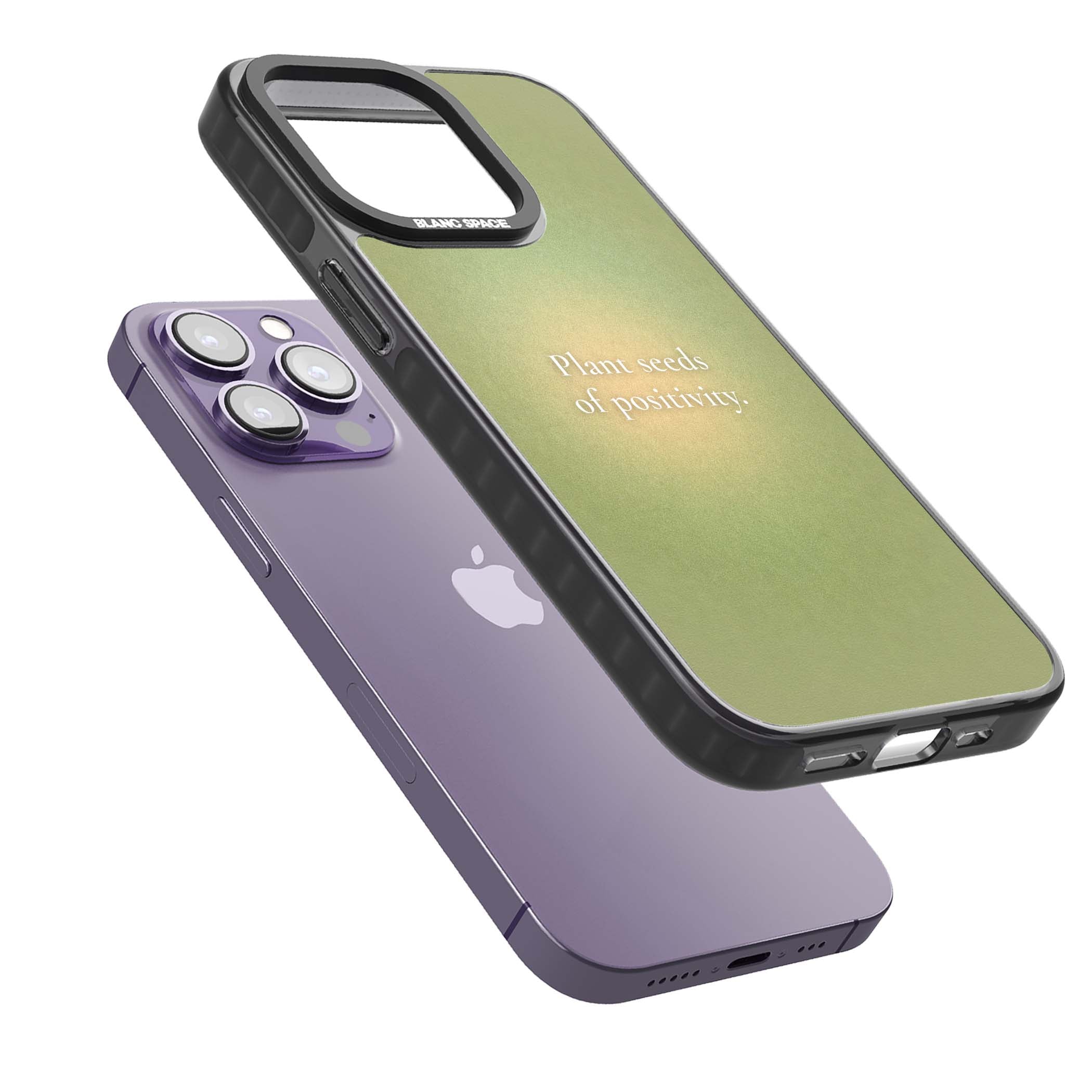 Seeds of Positivity quote iPhone case featuring a sage green aura gradient and golden glow affirmation | Black Impact case for iPhone 13 Pro, iPhone 14 Pro, iPhone 15 Pro