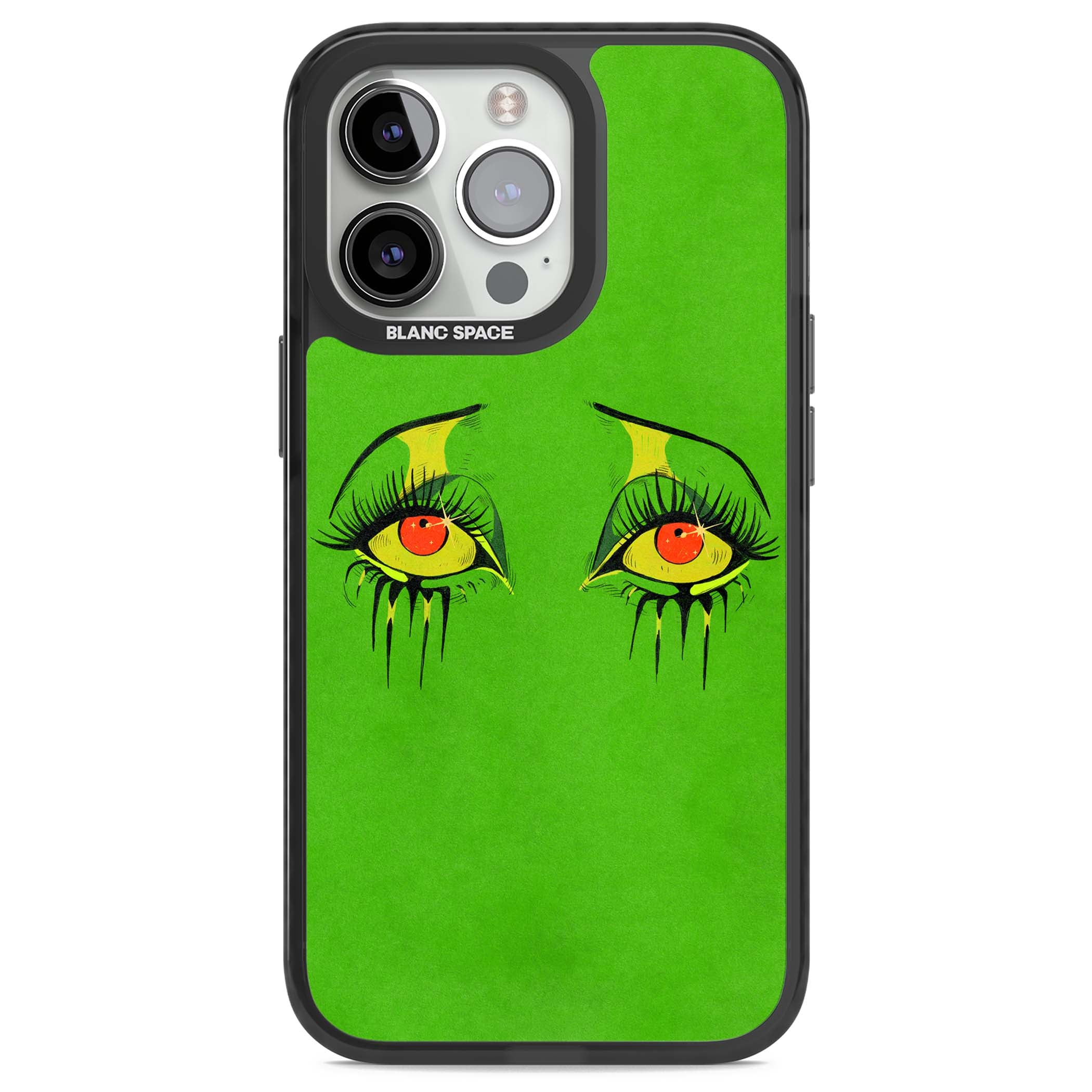Green Enchanted Eyes psychedelic art iPhone case featuring hand-drawn dripping eyes on neon green background | Black Impact case for iPhone 13 Pro, iPhone 14 Pro, iPhone 15 Pro