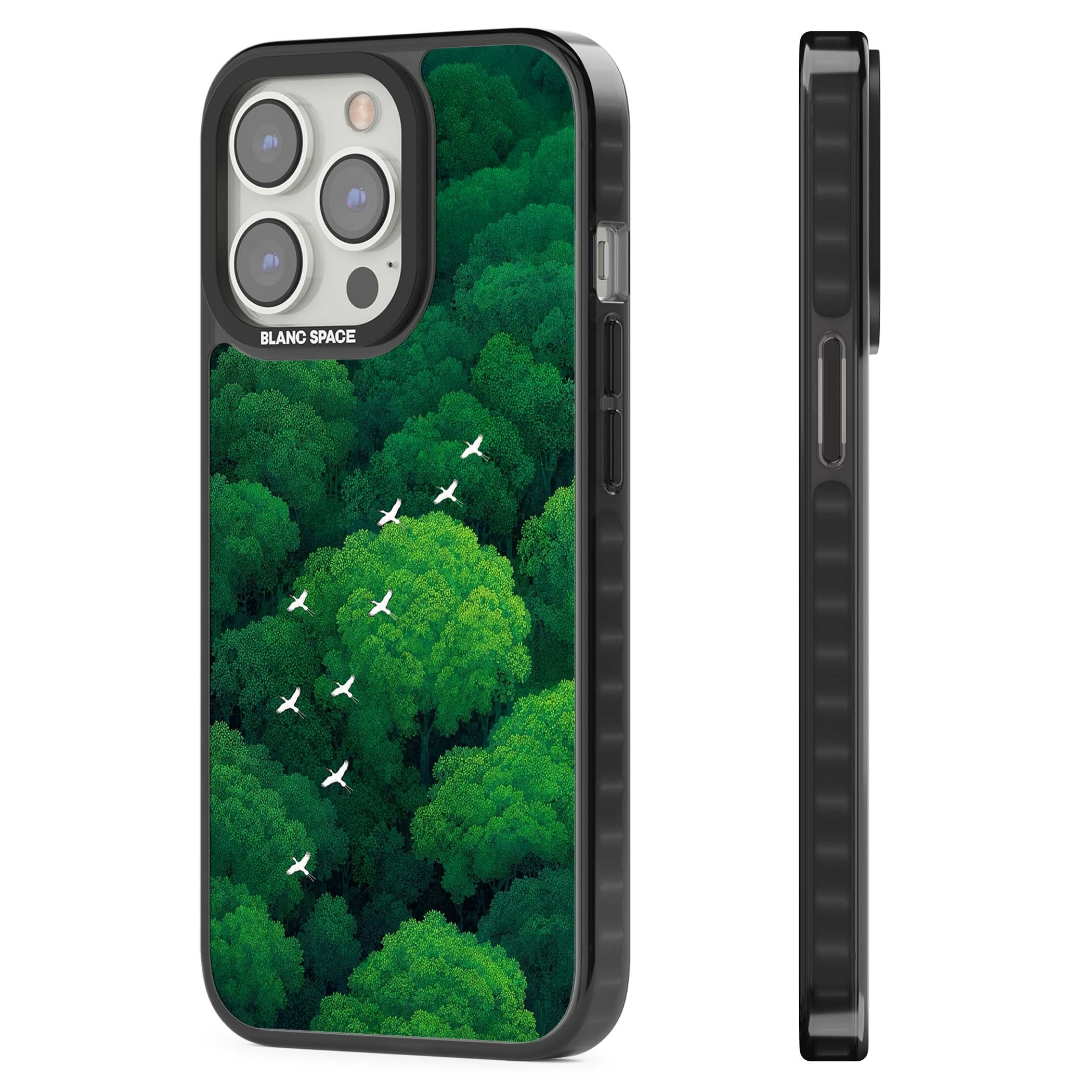 Grove Migration forest iPhone case featuring white cranes flying over lush green treetop canopy | Black Impact case for iPhone 13 Pro, iPhone 14 Pro, iPhone 15 Pro