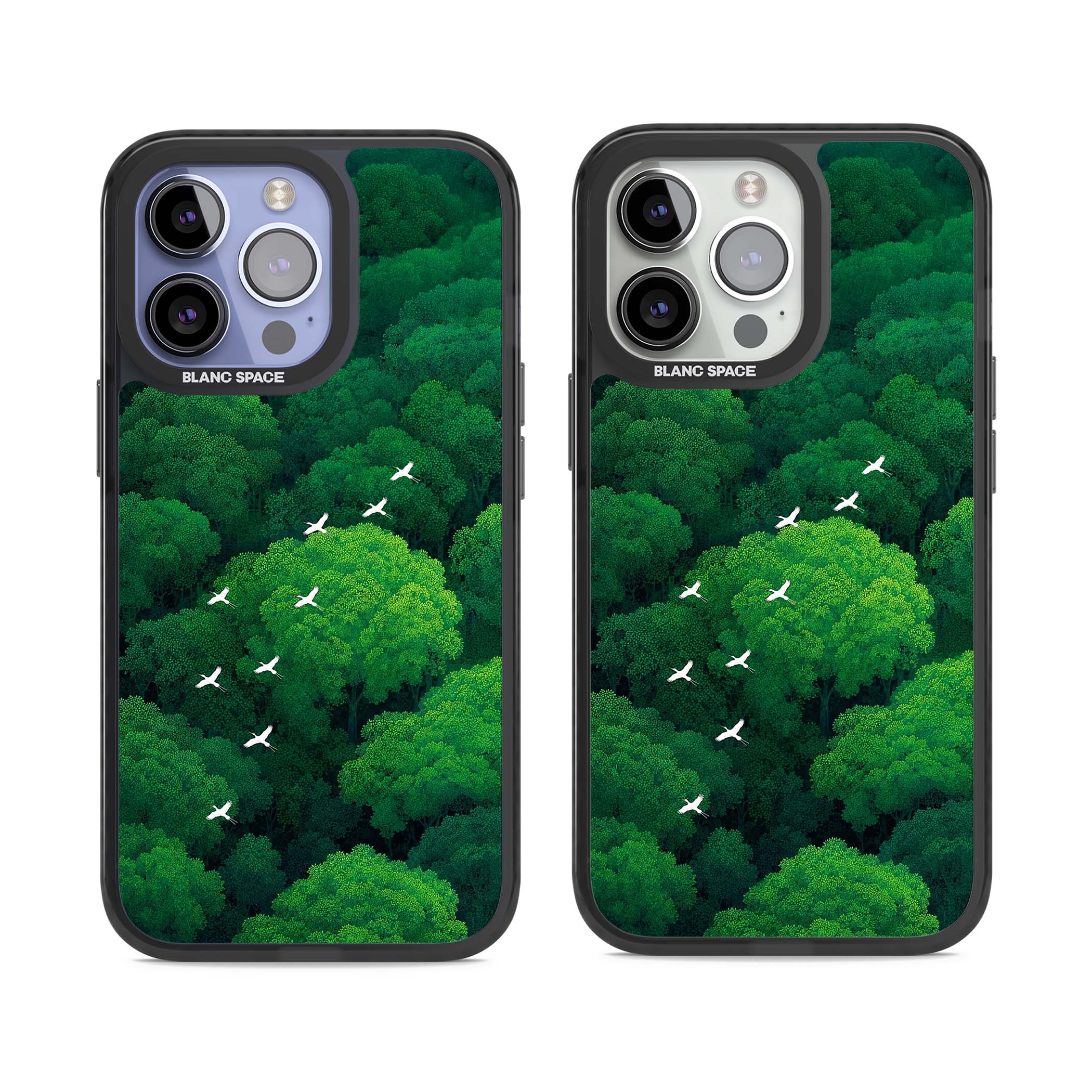 Grove Migration forest iPhone case featuring white cranes flying over lush green treetop canopy | Black Impact case for iPhone 13 Pro, iPhone 14 Pro, iPhone 15 Pro