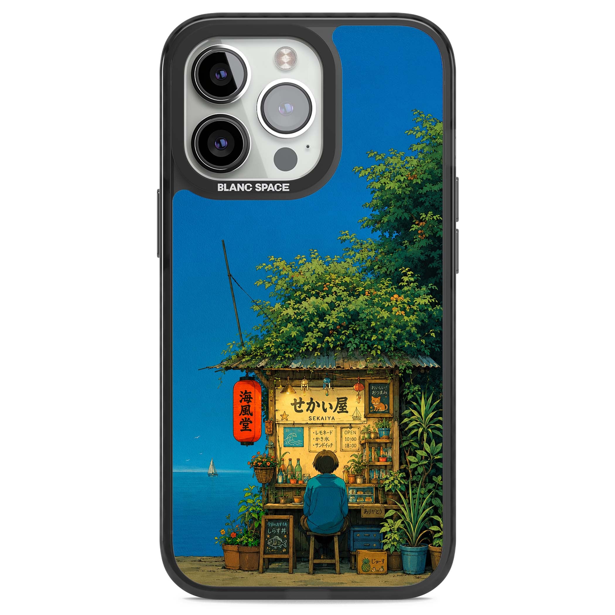 The Shirahama Kiosk anime iPhone case featuring a Japanese seaside shop, red paper lantern and ocean view | Black Impact case for iPhone 13 Pro, iPhone 14 Pro, iPhone 15 Pro