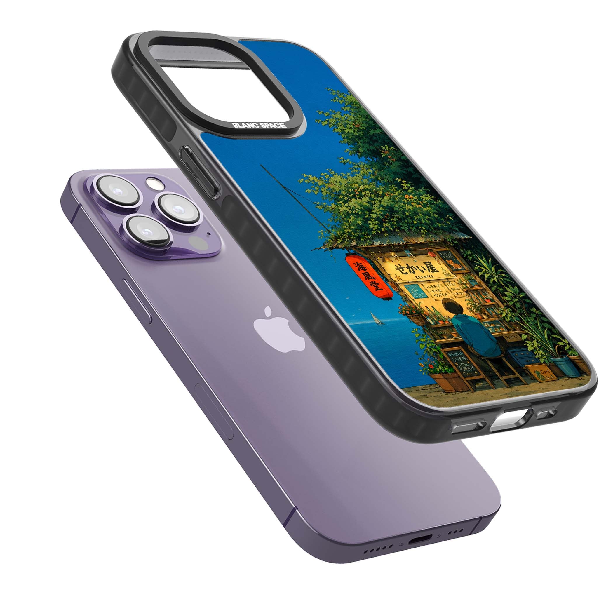 The Shirahama Kiosk anime iPhone case featuring a Japanese seaside shop, red paper lantern and ocean view | Black Impact case for iPhone 13 Pro, iPhone 14 Pro, iPhone 15 Pro