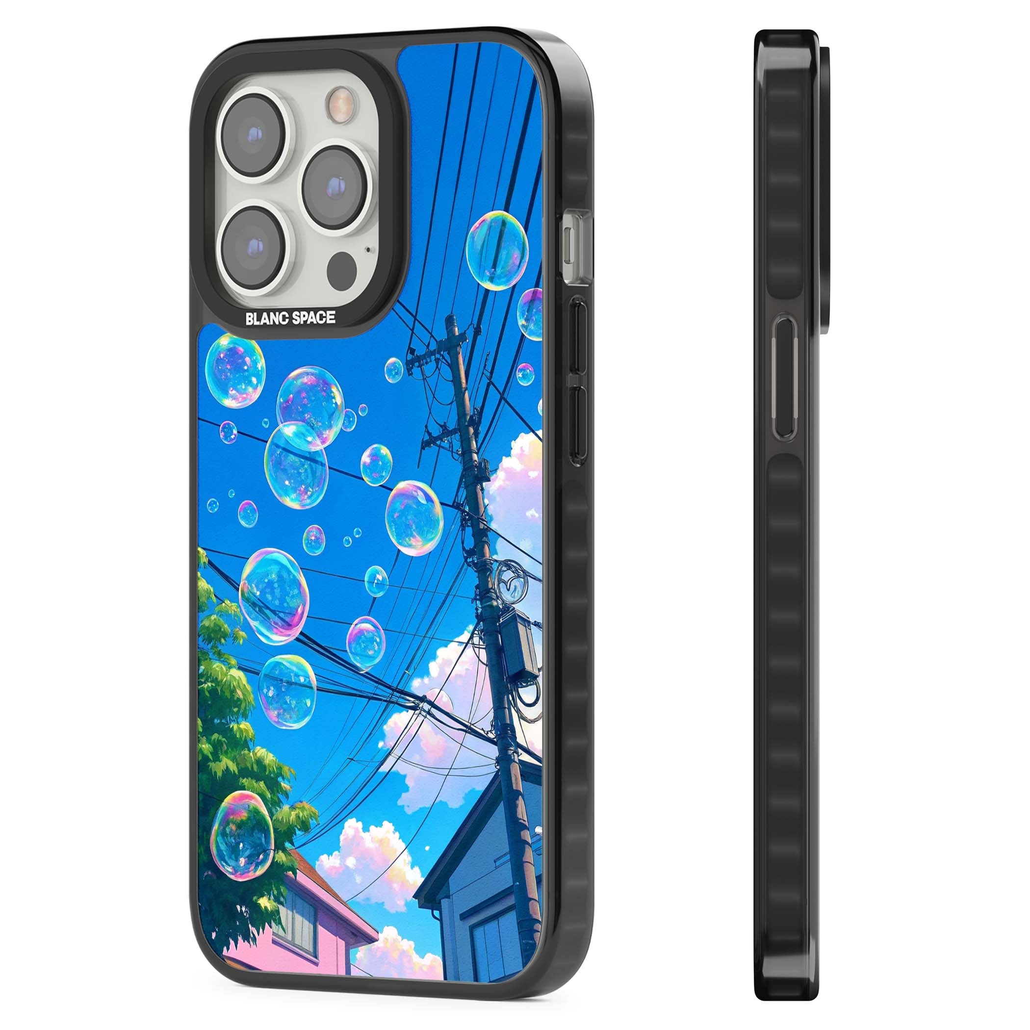 Suburban Bubbles anime iPhone case featuring iridescent soap bubbles, blue sky and Japanese telephone wires | Black Impact case for iPhone 13 Pro, iPhone 14 Pro, iPhone 15 Pro