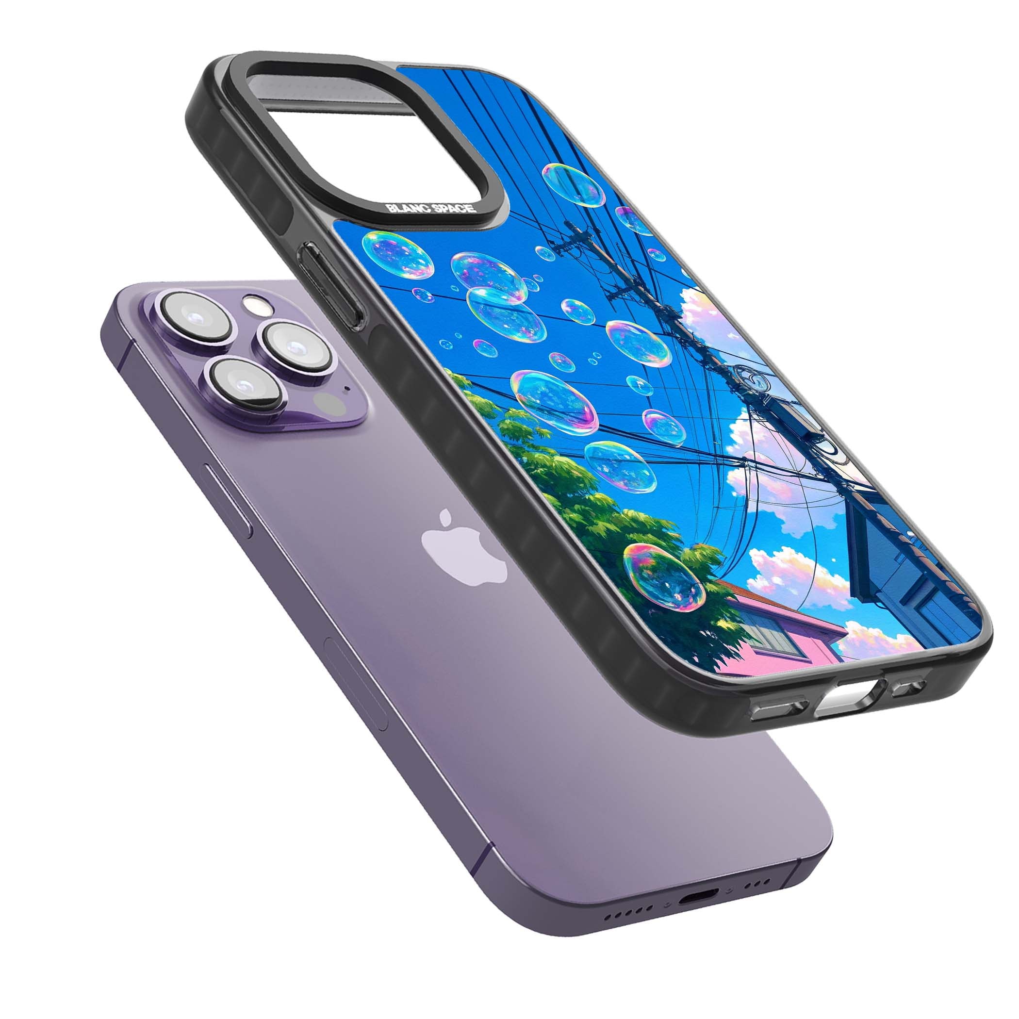 Suburban Bubbles anime iPhone case featuring iridescent soap bubbles, blue sky and Japanese telephone wires | Black Impact case for iPhone 13 Pro, iPhone 14 Pro, iPhone 15 Pro