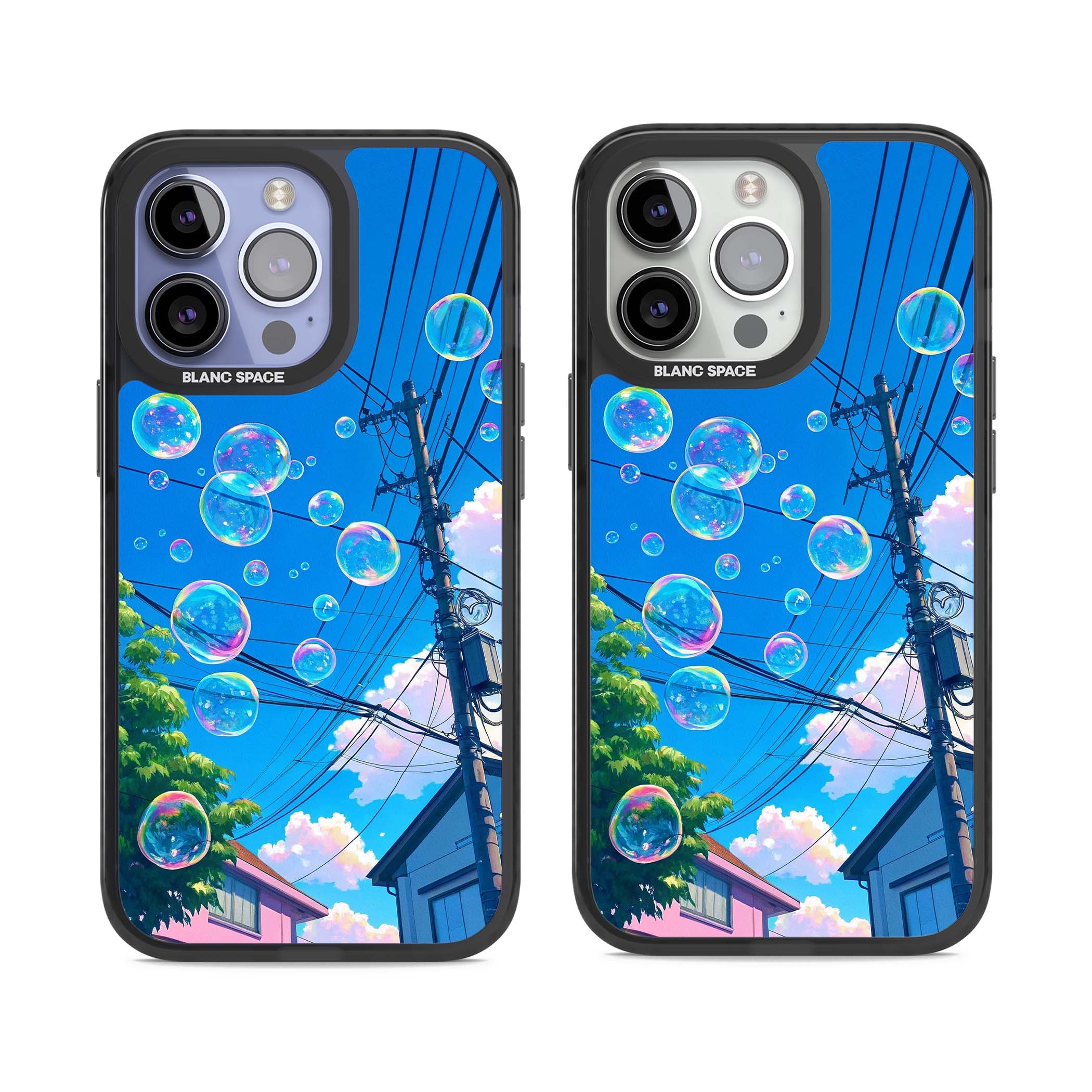 Suburban Bubbles anime iPhone case featuring iridescent soap bubbles, blue sky and Japanese telephone wires | Black Impact case for iPhone 13 Pro, iPhone 14 Pro, iPhone 15 Pro