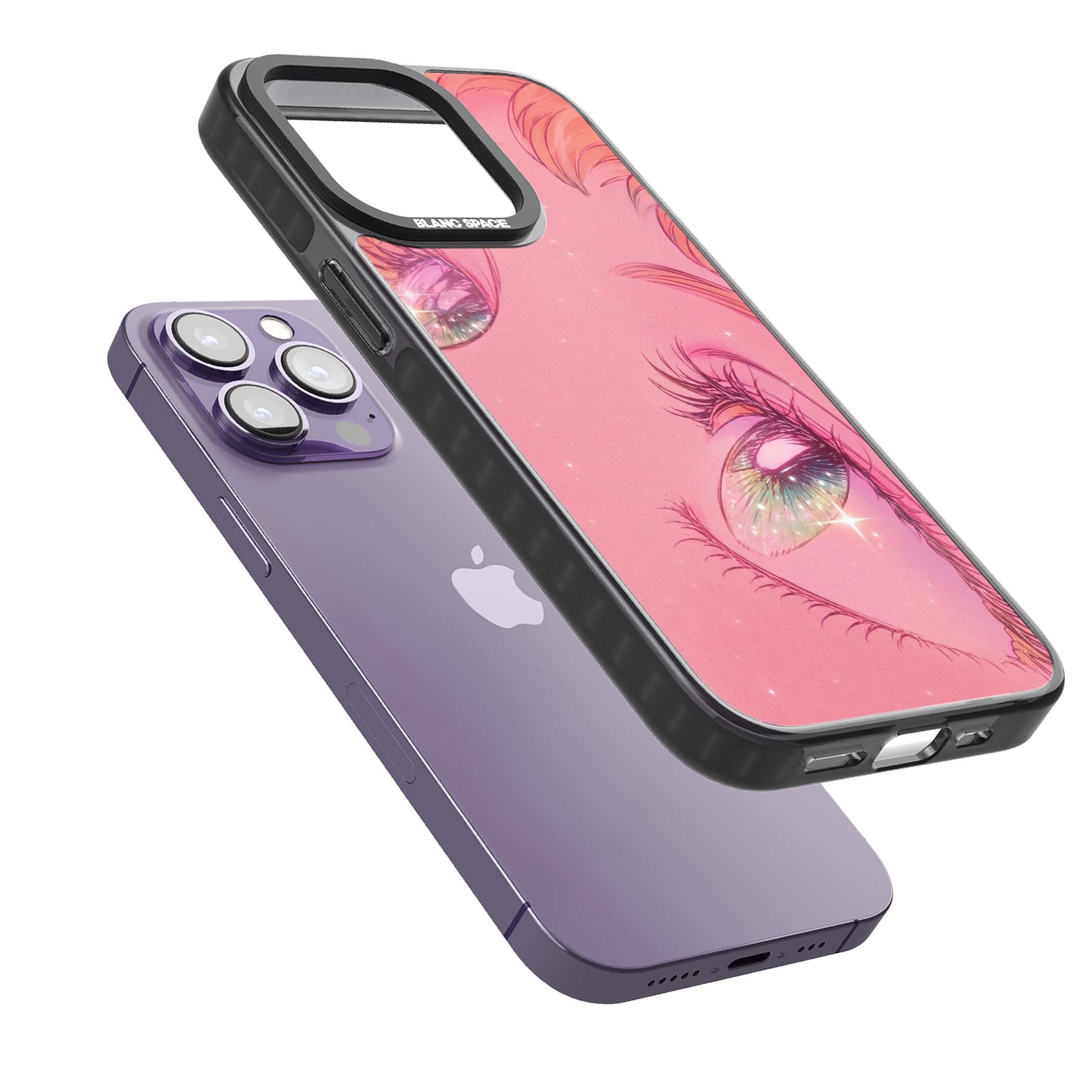 Pink Ethereal Gaze anime iPhone case featuring sparkling manga eyes, coral lashes and dreamy peach sky | Black Impact case for iPhone 13 Pro, iPhone 14 Pro, iPhone 15 Pro