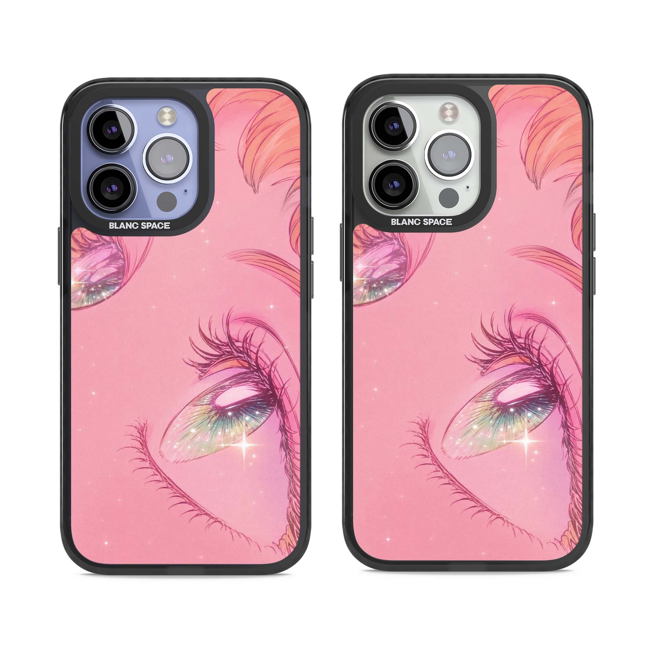 Pink Ethereal Gaze anime iPhone case featuring sparkling manga eyes, coral lashes and dreamy peach sky | Black Impact case for iPhone 13 Pro, iPhone 14 Pro, iPhone 15 Pro