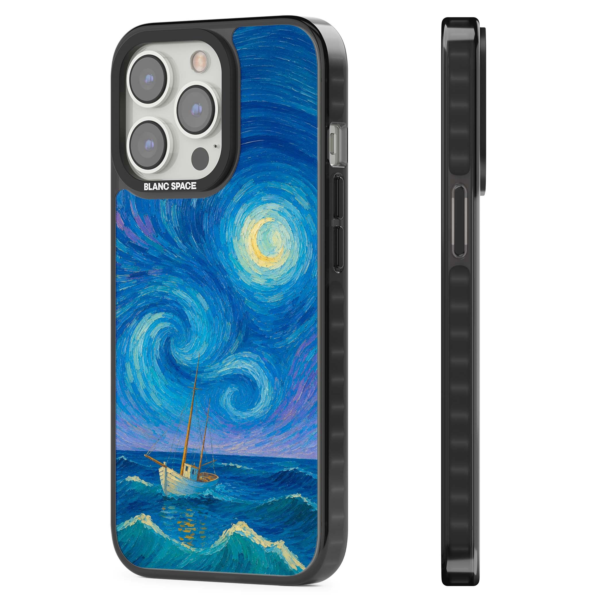 Moonlit Tide Van Gogh art iPhone case featuring swirling starry night sky, glowing moon and lone sailing boat at sea | Black Impact case for iPhone 13 Pro, iPhone 14 Pro, iPhone 15 Pro