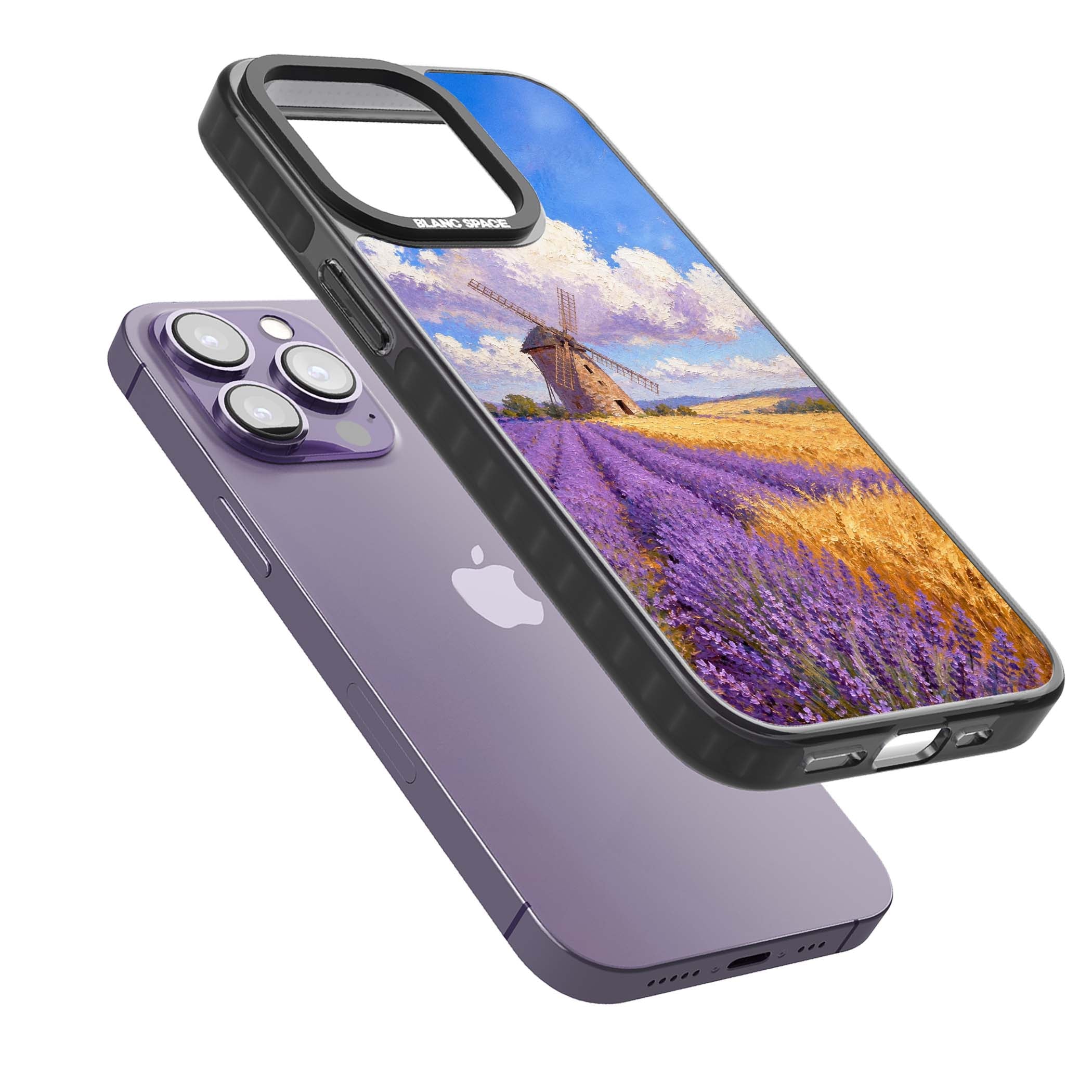 Lavender Mill cottagecore iPhone case featuring a French windmill, lavender field and golden wheat oil painting | Black Impact case for iPhone 13 Pro, iPhone 14 Pro, iPhone 15 Pro