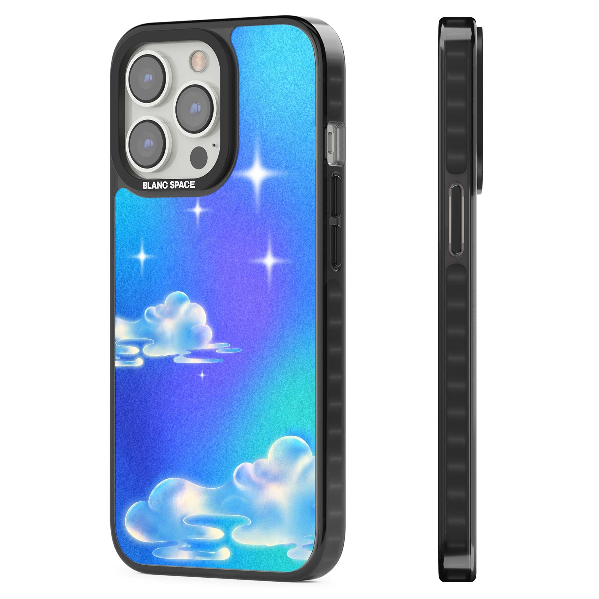 Aurora celestial iPhone case featuring dreamy iridescent clouds, sparkling stars and pastel blue purple sky | Black Impact case for iPhone 13 Pro, iPhone 14 Pro, iPhone 15 Pro