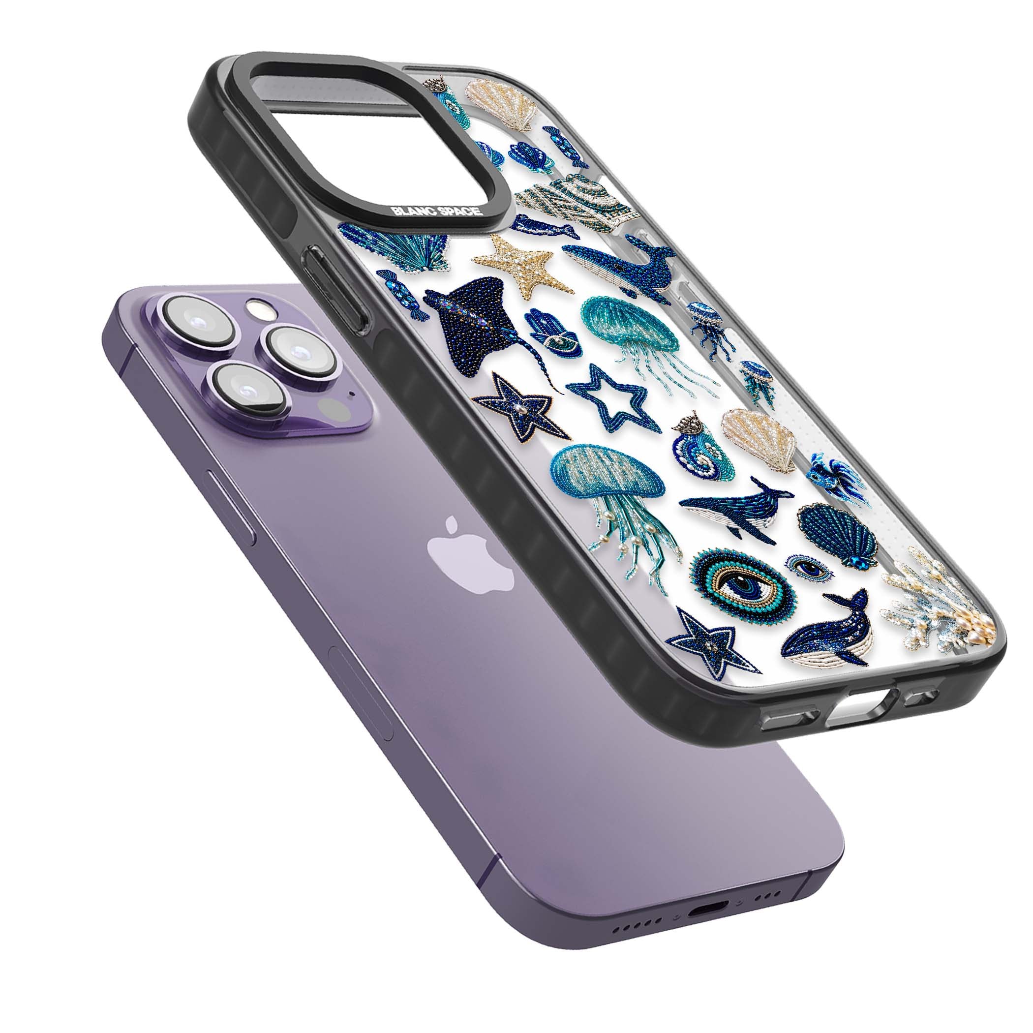 Beaded Coastal coastal iPhone case featuring embroidered seashells, jellyfish and a blue whale on clear | Black Impact case for iPhone 13 Pro, iPhone 14 Pro, iPhone 15 Pro