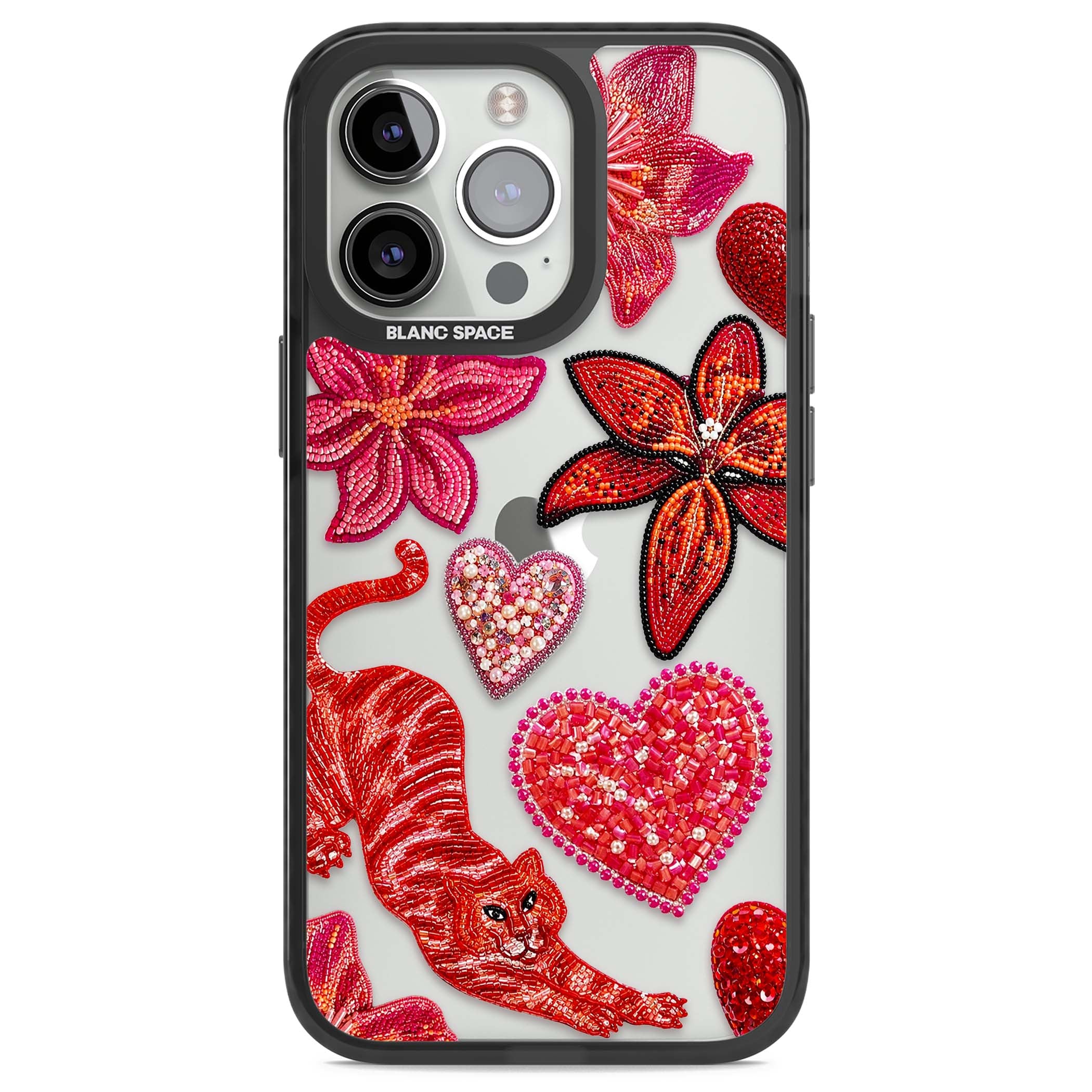Beaded Boho floral iPhone case featuring beaded red lilies, a stitched tiger, and pearl-encrusted hearts on clear | Black Impact case for iPhone 13 Pro, iPhone 14 Pro, iPhone 15 Pro