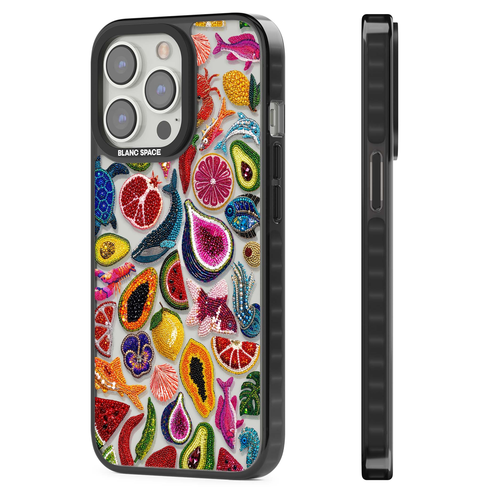 Beaded Tropic tropical iPhone case featuring beaded fruit, fish, crabs and seashells in vibrant colour | Black Impact case for iPhone 13 Pro, iPhone 14 Pro, iPhone 15 Pro