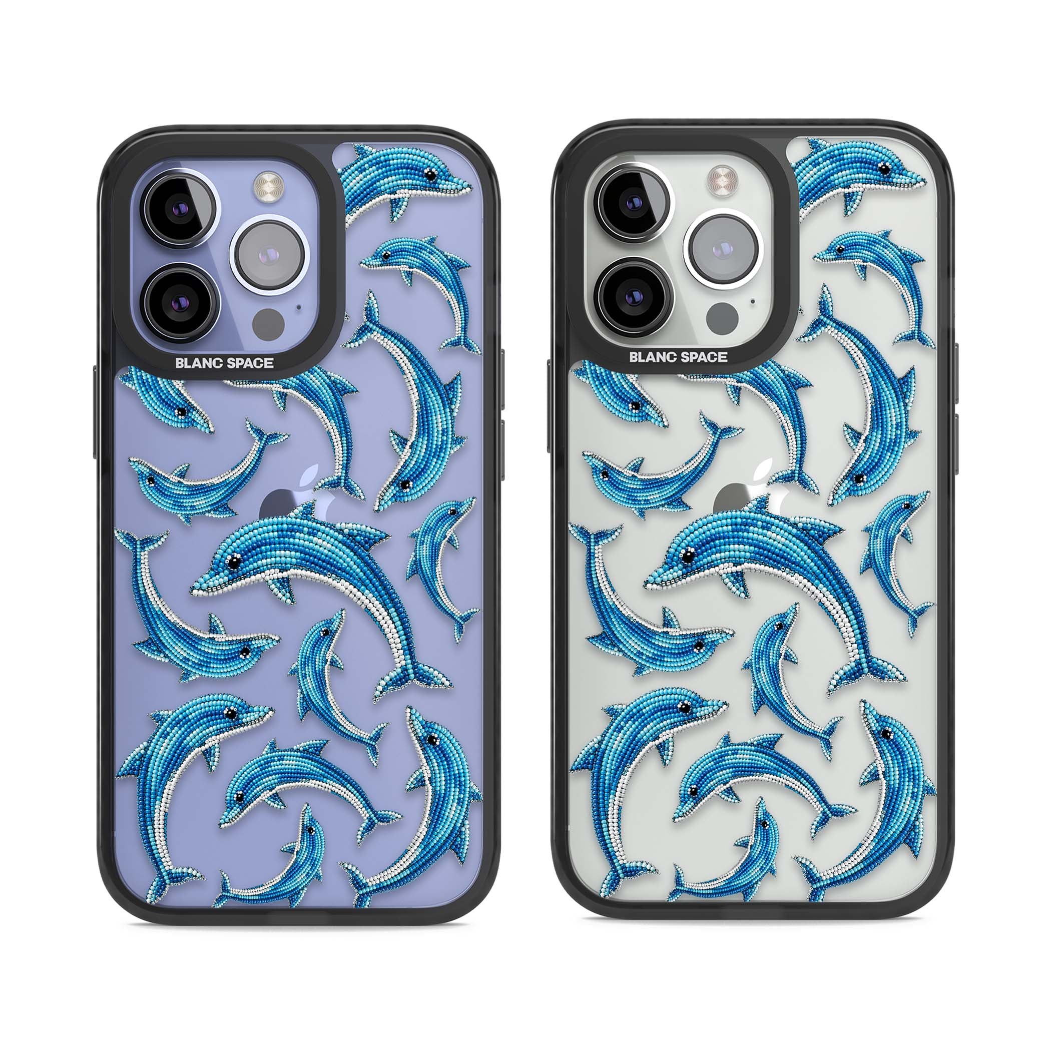 Beaded Dolphins coastal iPhone case featuring beaded dolphins in blue and white swimming across a clear background | Black Impact case for iPhone 13 Pro, iPhone 14 Pro, iPhone 15 Pro