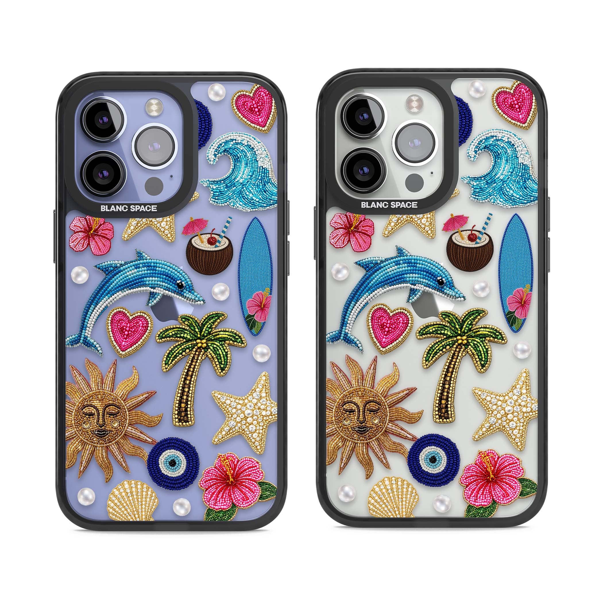 Beaded Beach coastal summer iPhone case featuring embroidered evil eye, hibiscus flowers, dolphin and palm tree patches | Black Impact case for iPhone 13 Pro, iPhone 14 Pro, iPhone 15 Pro