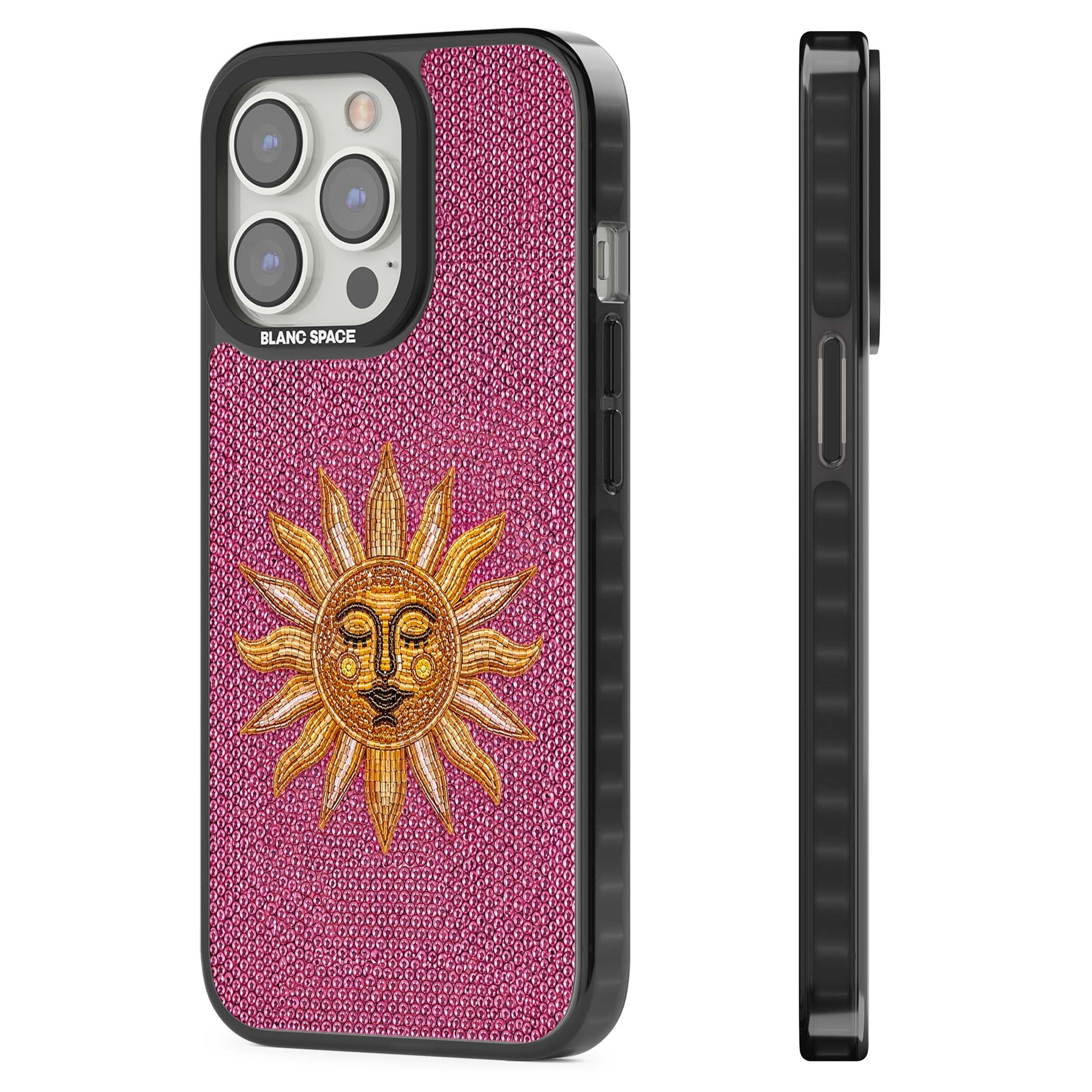 Beaded Sun celestial iPhone case featuring a golden beaded sun face with radiant rays on hot pink beaded background | Black Impact case for iPhone 13 Pro, iPhone 14 Pro, iPhone 15 Pro