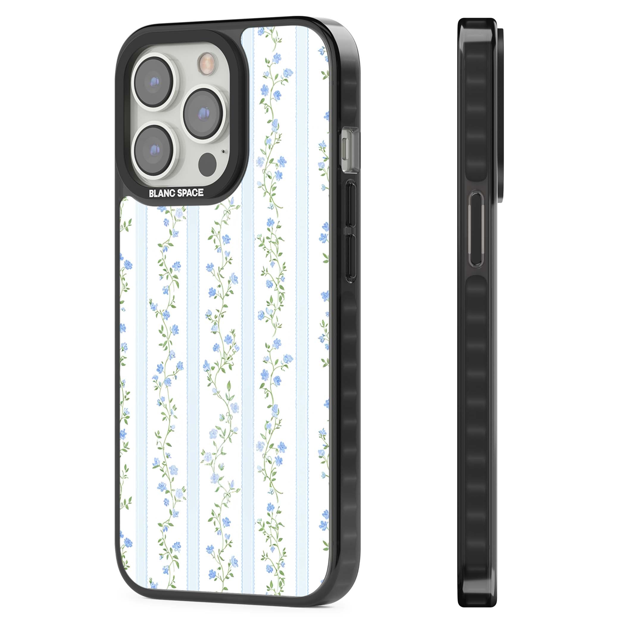 Bluebell Vine cottagecore iPhone case featuring climbing blue roses, trailing green vines, and pale ticking stripes | Black Impact case for iPhone 13 Pro, iPhone 14 Pro, iPhone 15 Pro