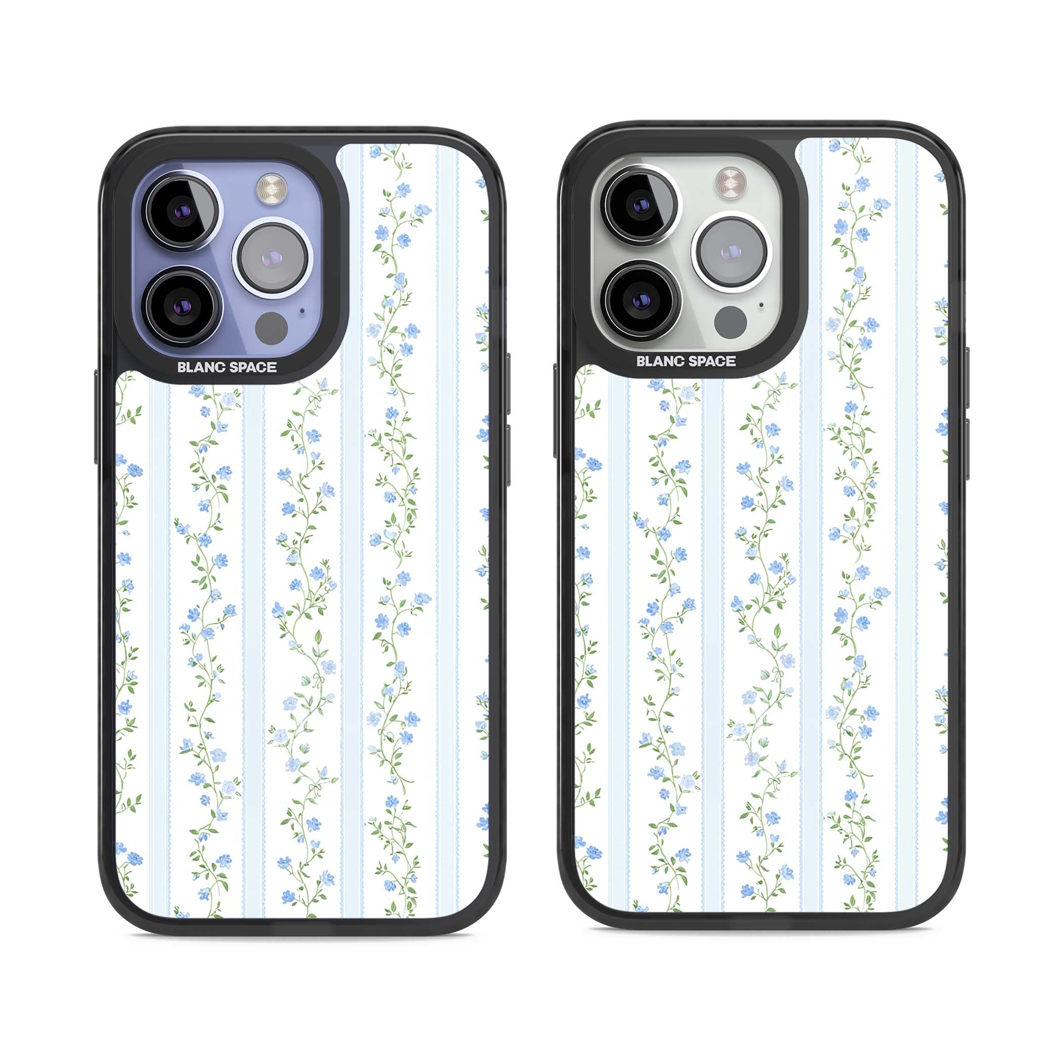 Bluebell Vine cottagecore iPhone case featuring climbing blue roses, trailing green vines, and pale ticking stripes | Black Impact case for iPhone 13 Pro, iPhone 14 Pro, iPhone 15 Pro