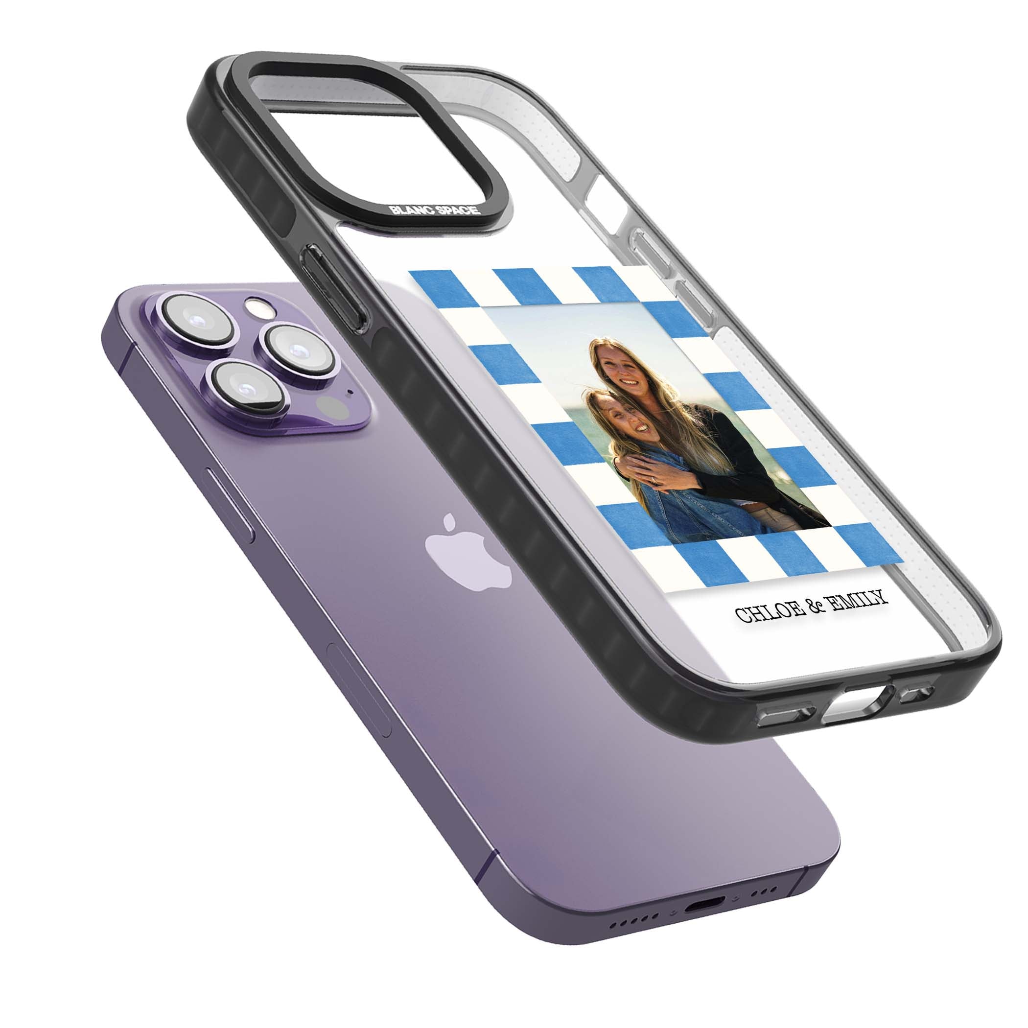 Blue Check Photo personalised photo iPhone case with blue checkered frame and custom couple names | Black Impact case for iPhone 13 Pro, iPhone 14 Pro, iPhone 15 Pro