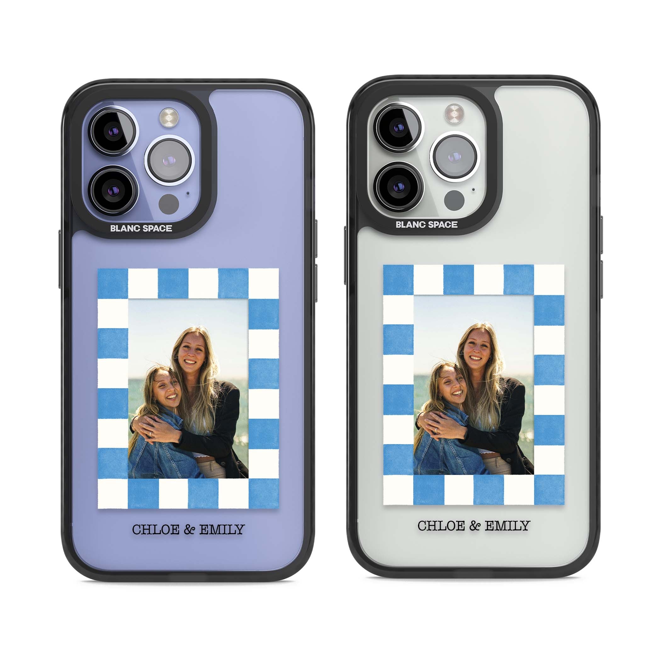 Blue Check Photo personalised photo iPhone case with blue checkered frame and custom couple names | Black Impact case for iPhone 13 Pro, iPhone 14 Pro, iPhone 15 Pro