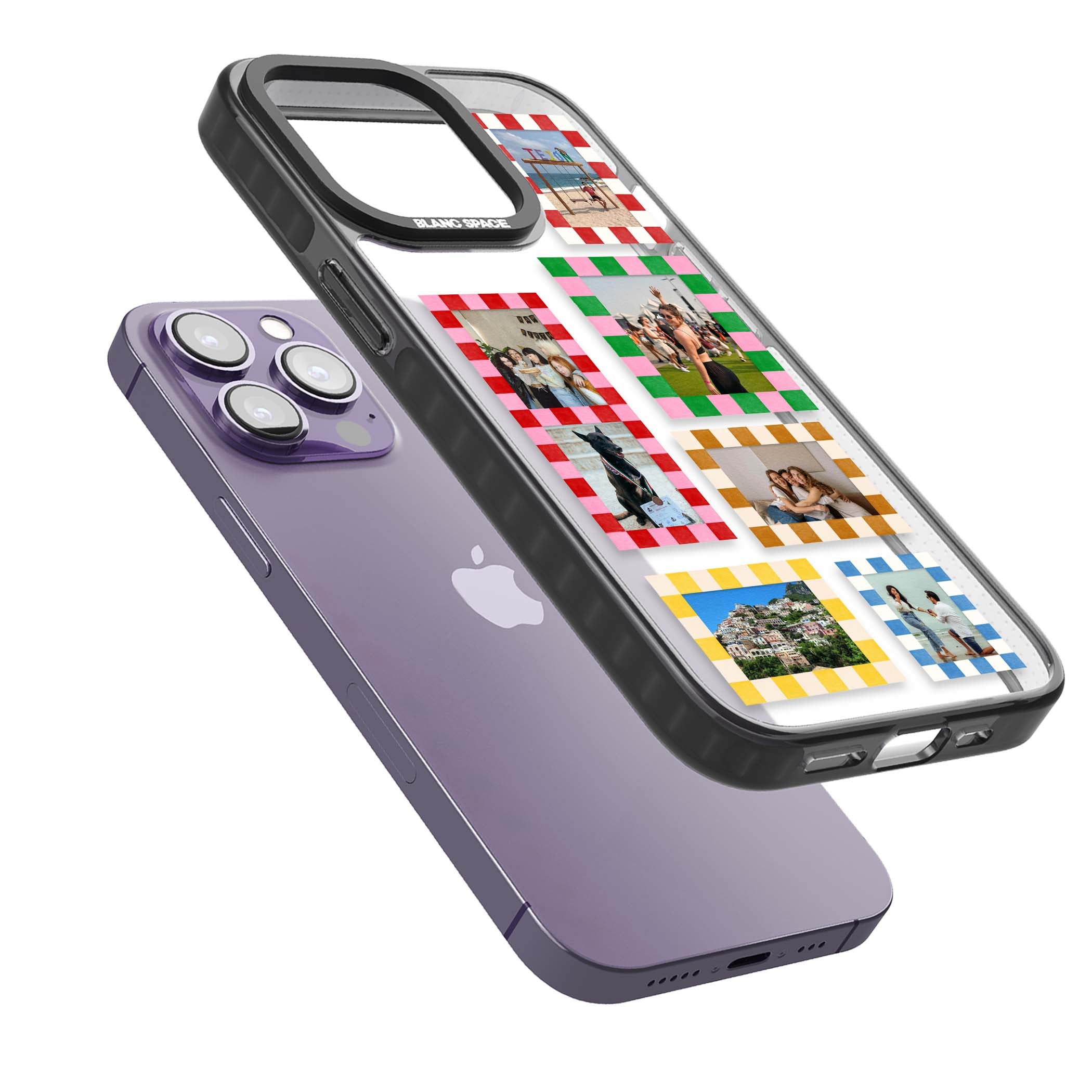 Italian Check Frames custom photo collage iPhone case featuring six checkered photo frames in red, green, pink and  | Black Impact case for iPhone 13 Pro, iPhone 14 Pro, iPhone 15 Pro