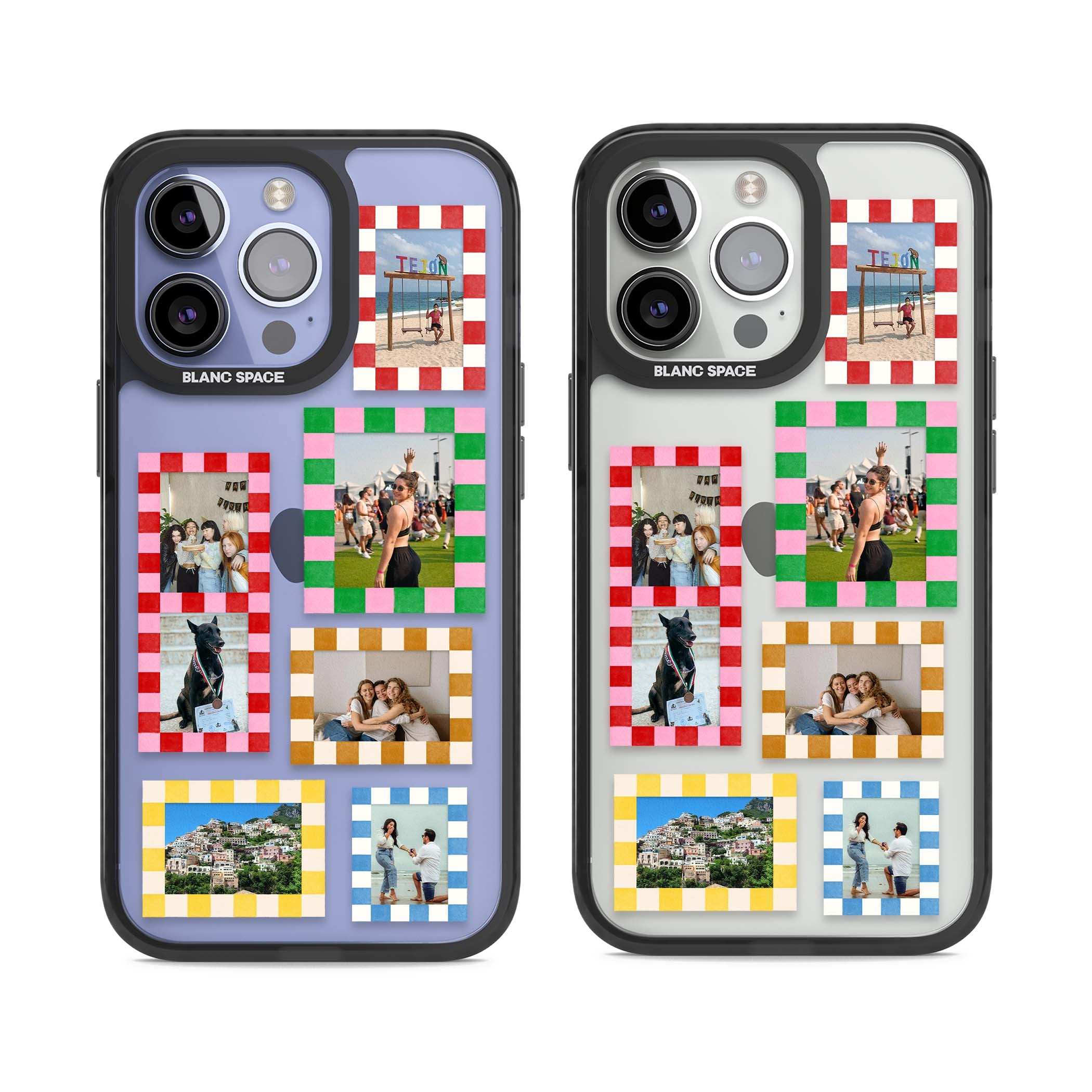 Italian Check Frames custom photo collage iPhone case featuring six checkered photo frames in red, green, pink and  | Black Impact case for iPhone 13 Pro, iPhone 14 Pro, iPhone 15 Pro