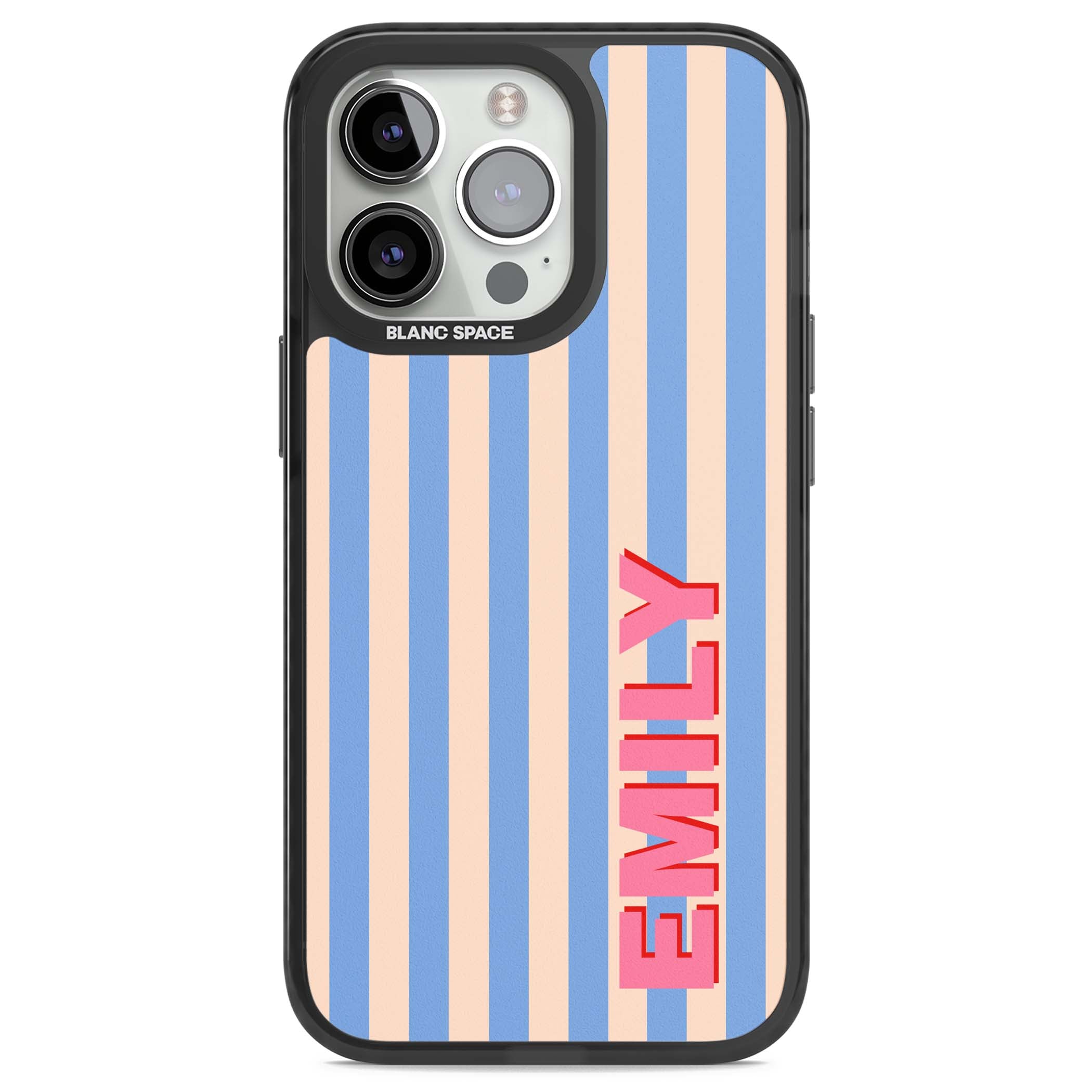 Coastal Stripe personalised coastal iPhone case with blue and peach vertical stripes and custom pink name | Black Impact case for iPhone 13 Pro, iPhone 14 Pro, iPhone 15 Pro