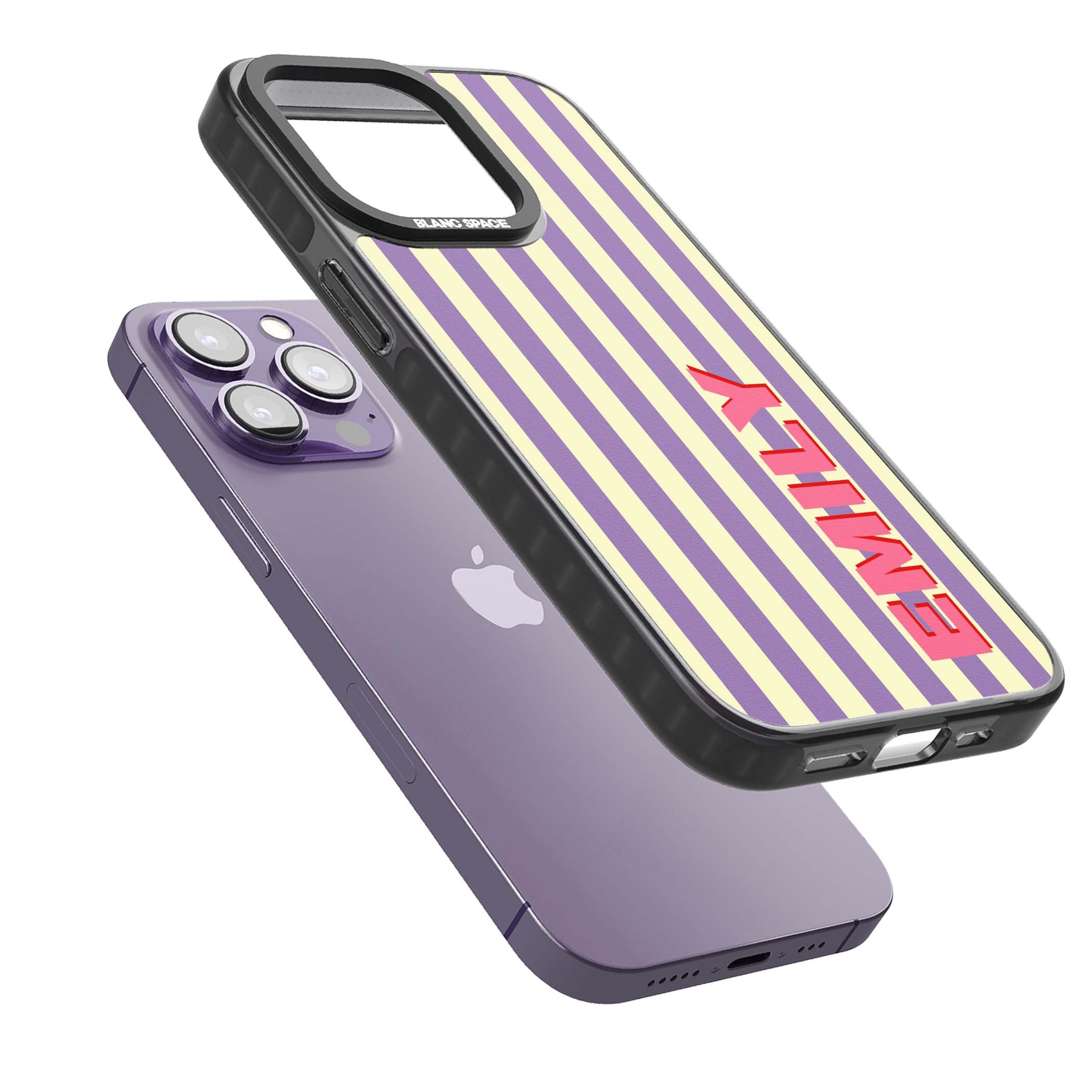Valensole Stripe personalised iPhone case with purple and cream vertical stripes and pink custom name | Black Impact case for iPhone 13 Pro, iPhone 14 Pro, iPhone 15 Pro