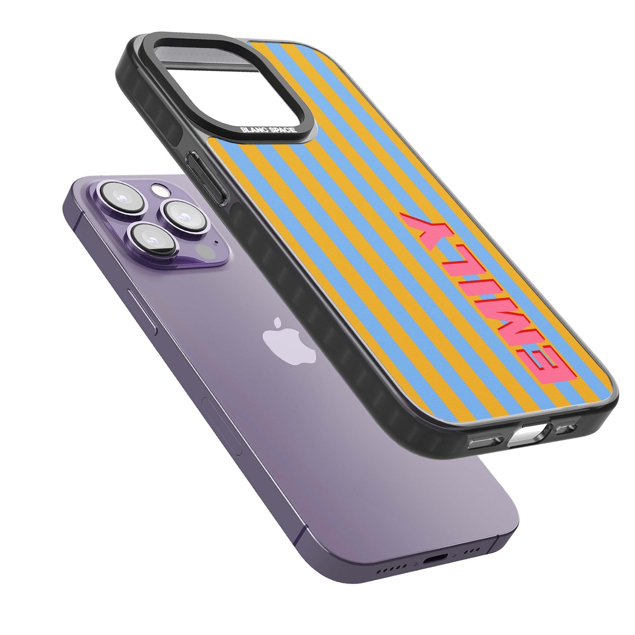 Carribean Stripe personalised coastal iPhone case with yellow and blue vertical stripes and a custom pink name | Black Impact case for iPhone 13 Pro, iPhone 14 Pro, iPhone 15 Pro