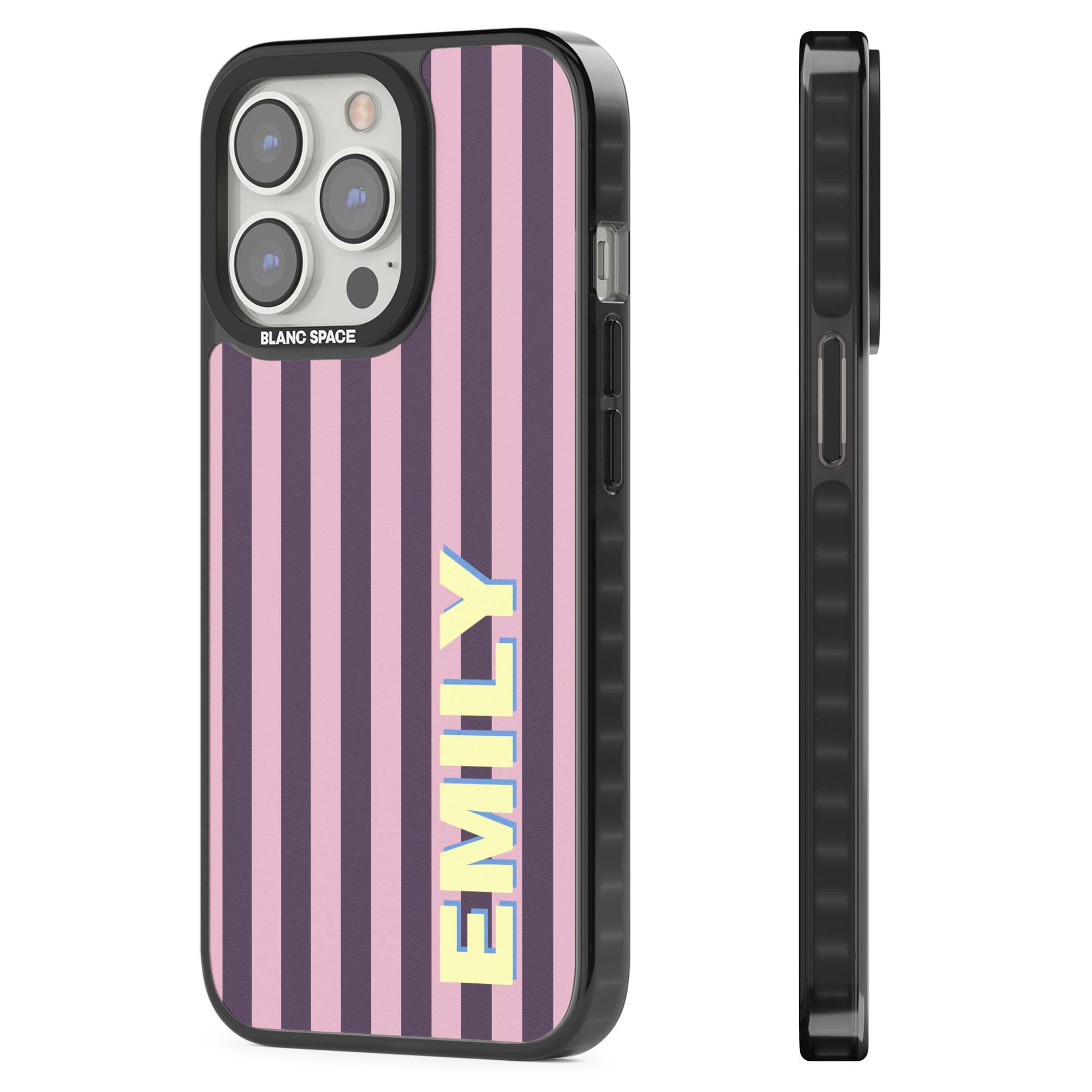 Tyre Stripe personalised stripe iPhone case with plum and pink vertical stripes and custom yellow name | Black Impact case for iPhone 13 Pro, iPhone 14 Pro, iPhone 15 Pro